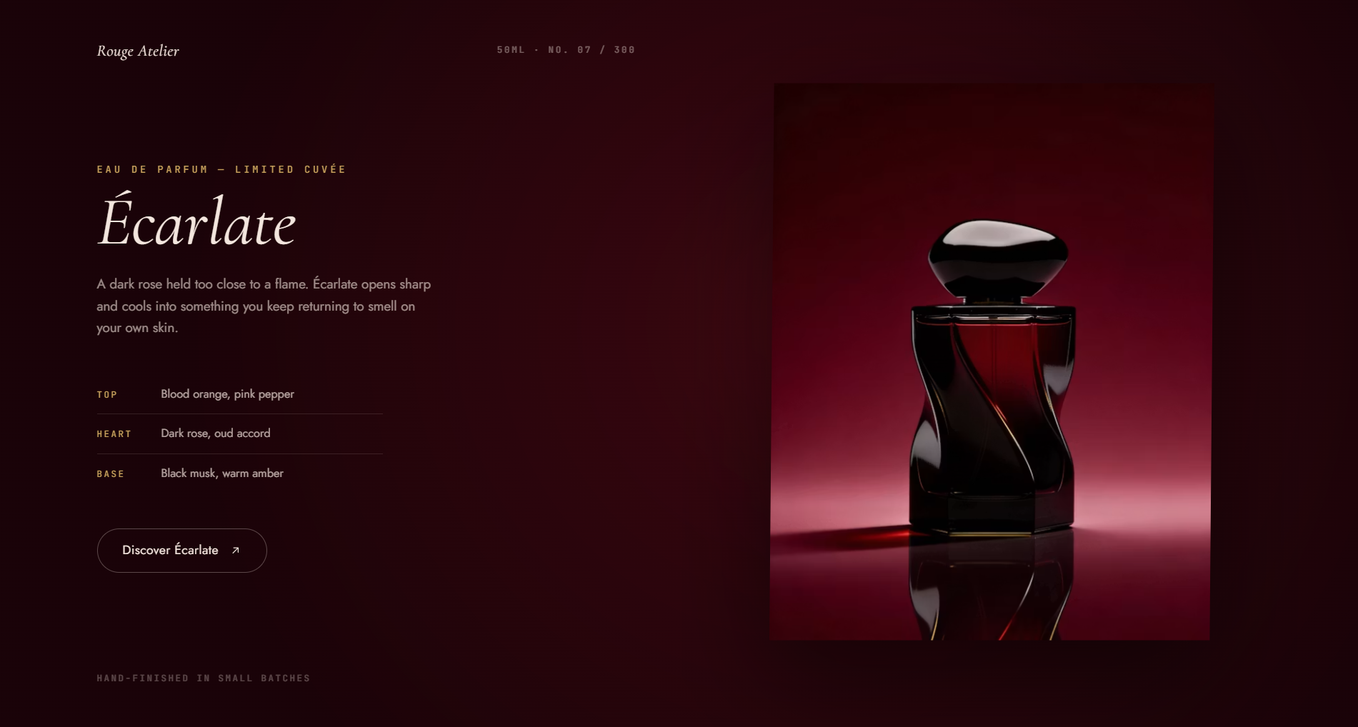 Free Hero Écarlate Hero — Luxury Perfume Product Hero Section for React React component built with Tailwind CSS