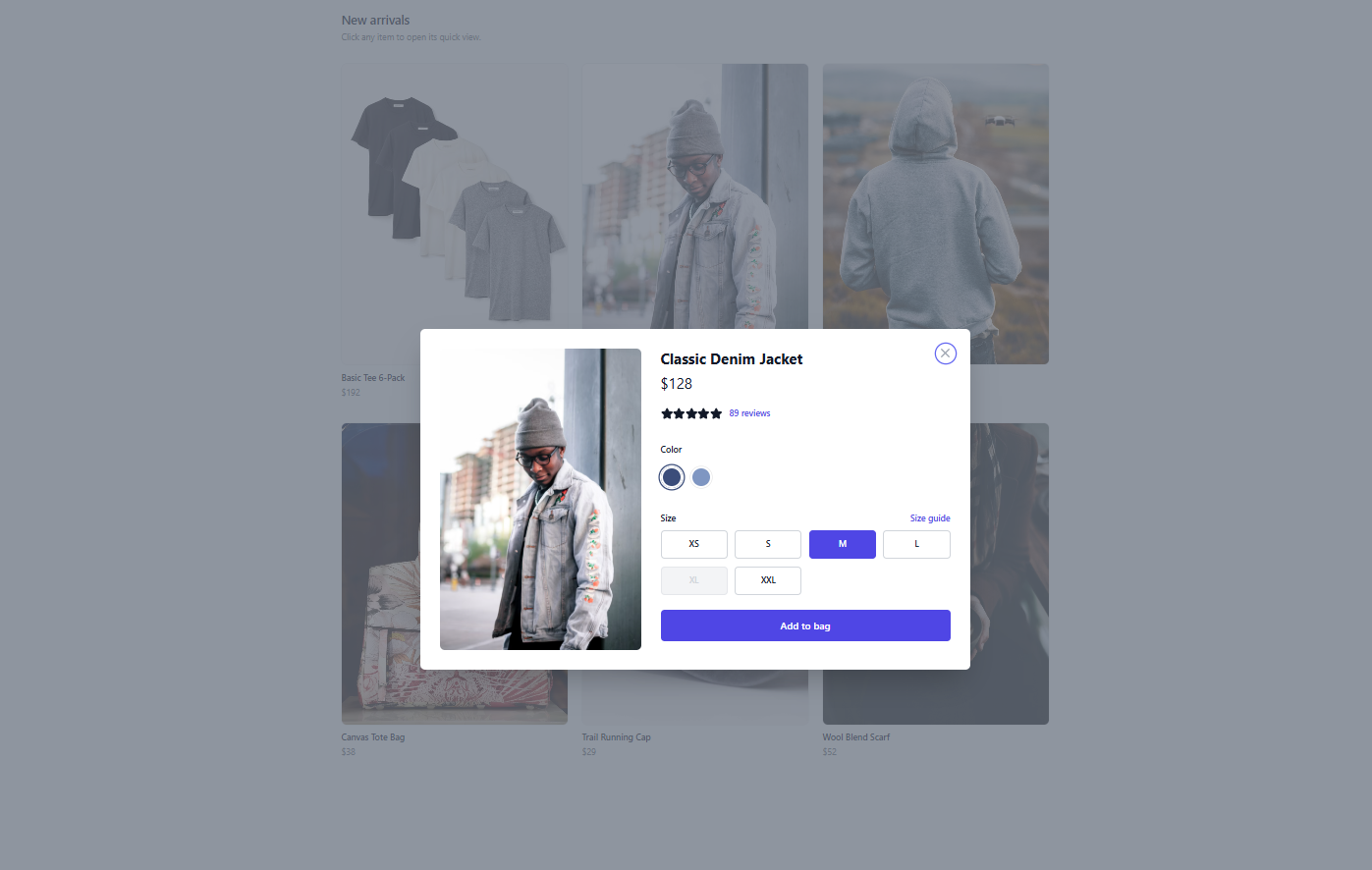 Free Ecommerce Product Grid with Quick View — React + Tailwind Component React component built with Tailwind CSS