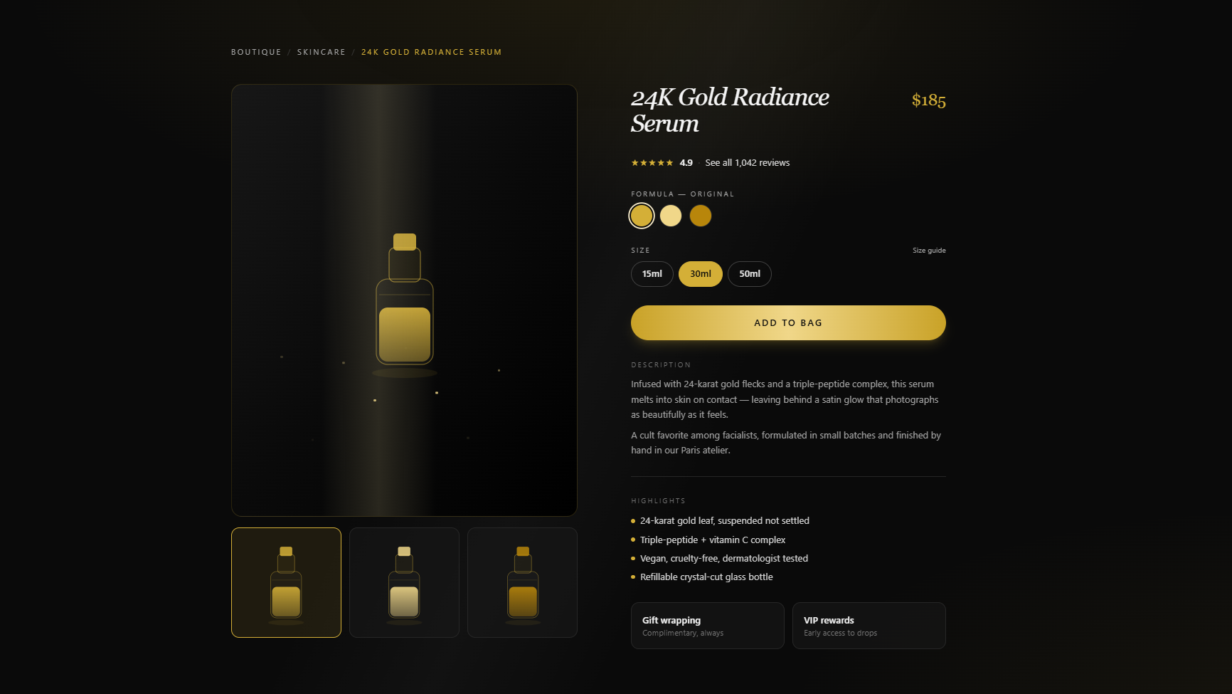 Free Ecommerce Luxury Product Page: A Dark-Gold React E-Commerce Component with Framer Motion React component built with Tailwind CSS