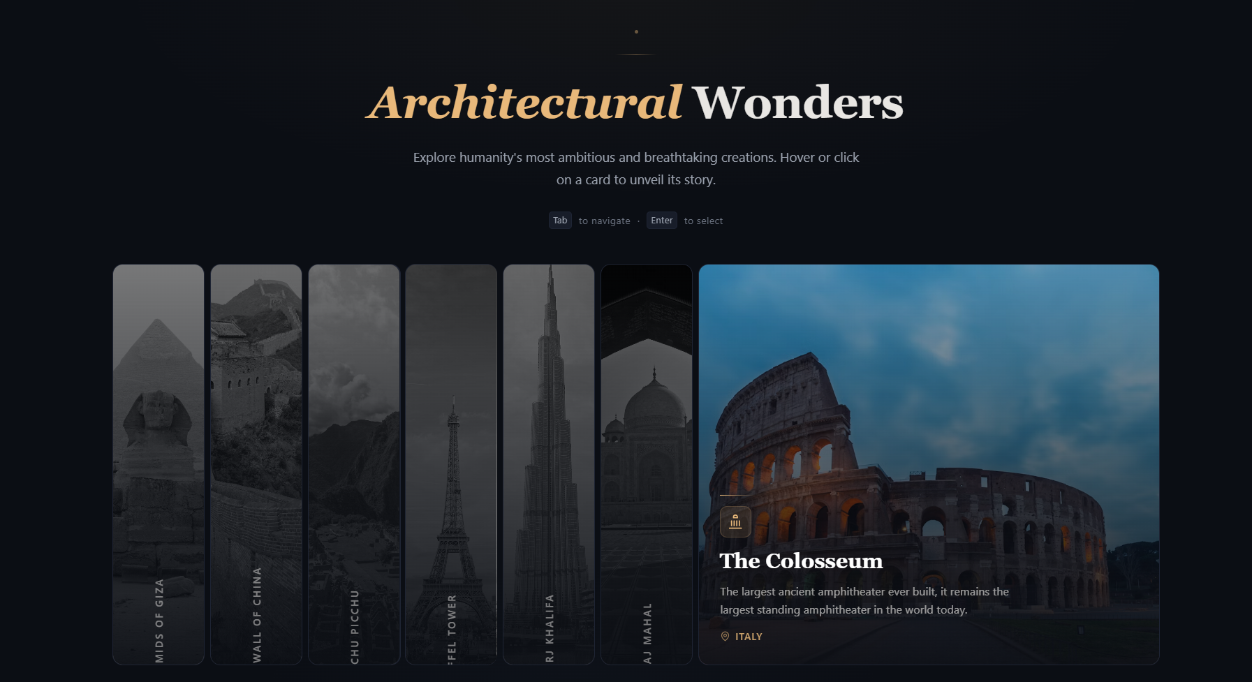Premium Showcase Reveal Stack: Expandable Destination Cards React component built with Tailwind CSS