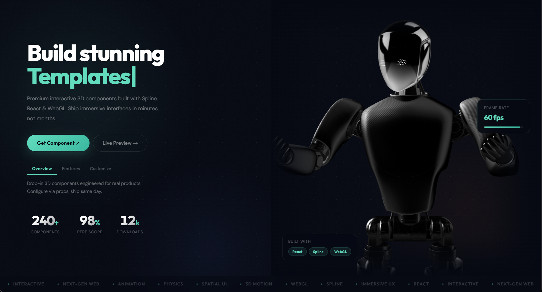 Premium Hero Interactive Spline SaaS Hero React component built with Tailwind CSS