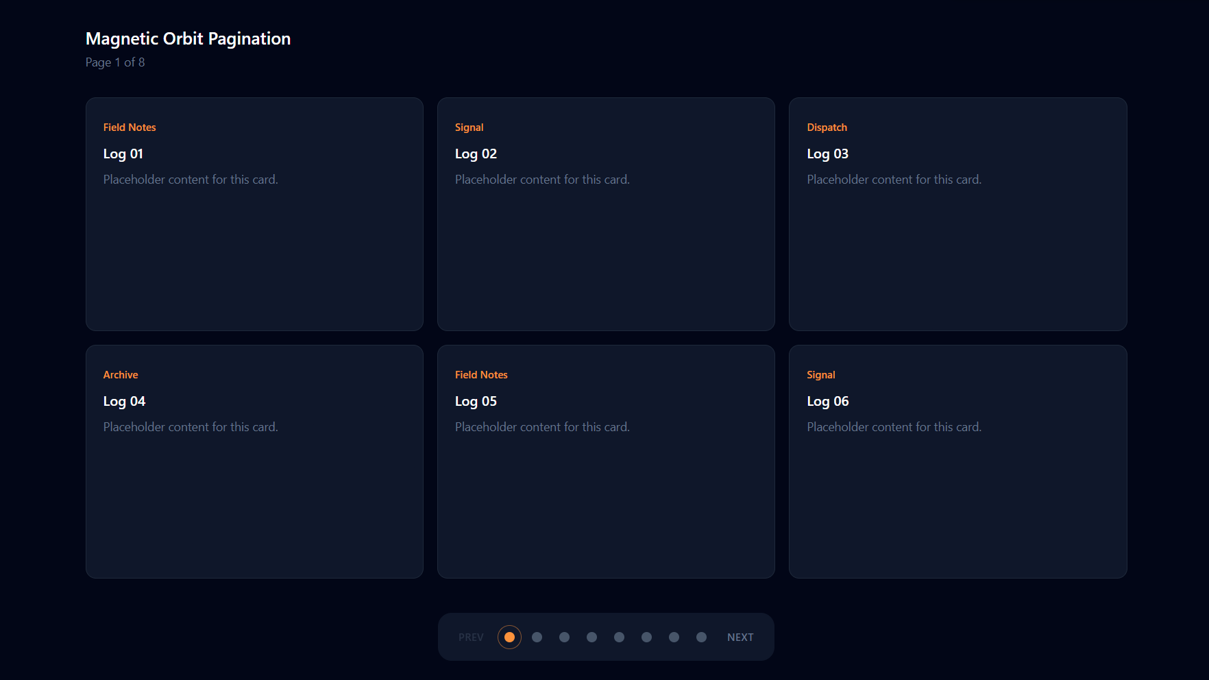 Free Pagination Magnetic Orbit React Pagination Component React component built with Tailwind CSS