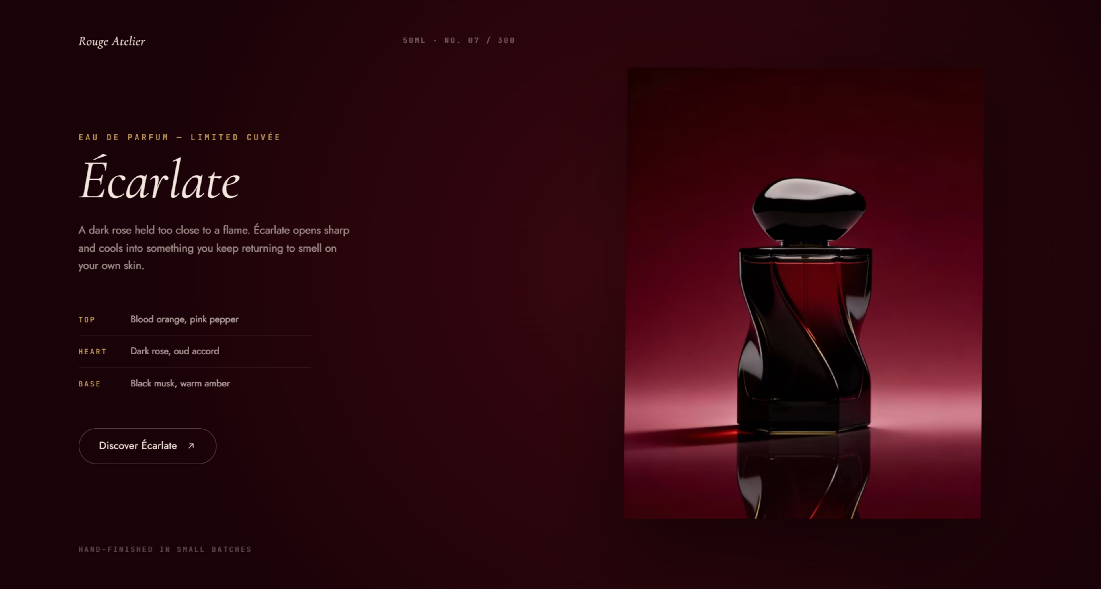 Free Hero Écarlate Hero — Luxury Perfume Product Hero Section for React React component built with Tailwind CSS