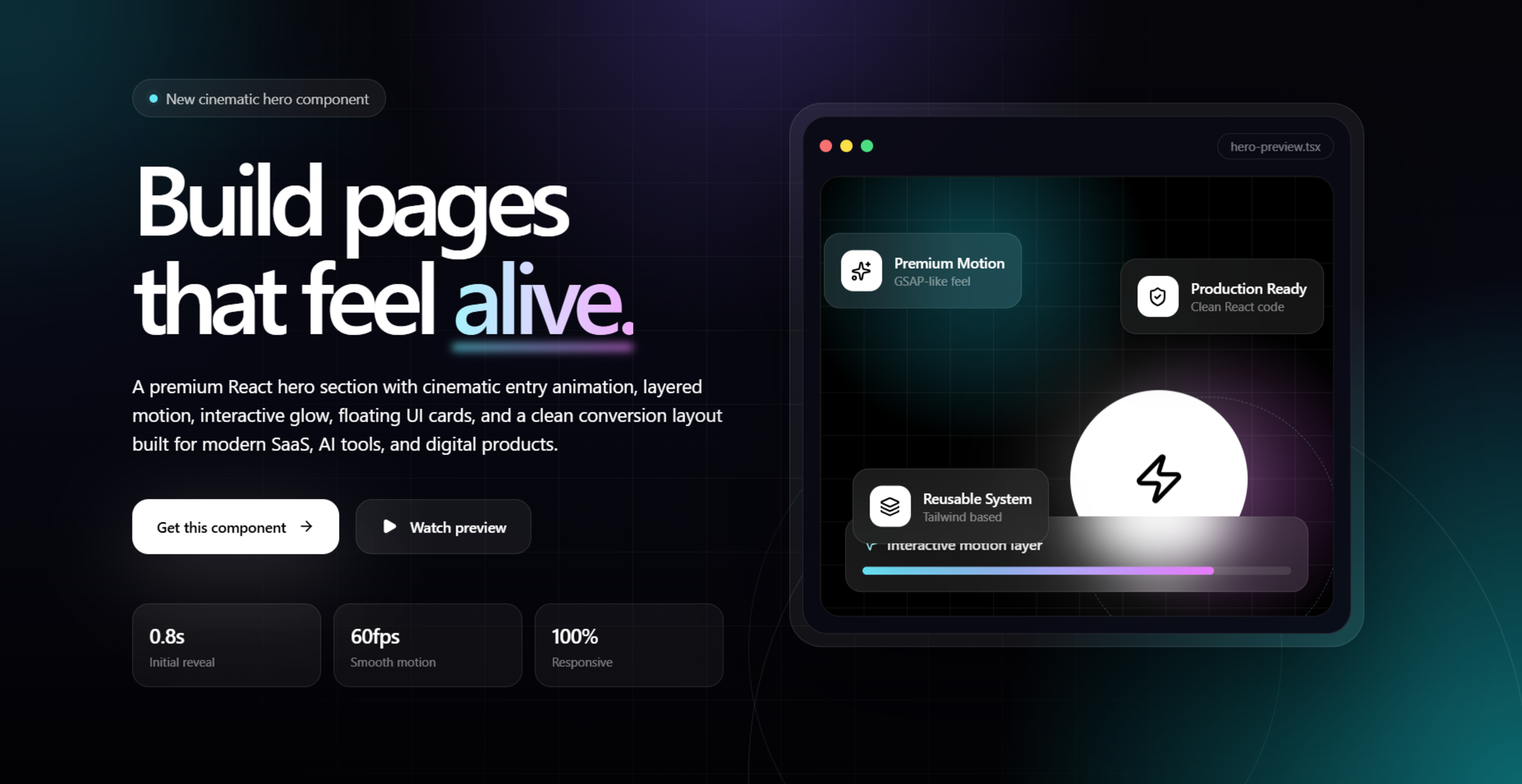 Free Hero Cinematic Animated Hero Section React component built with Tailwind CSS