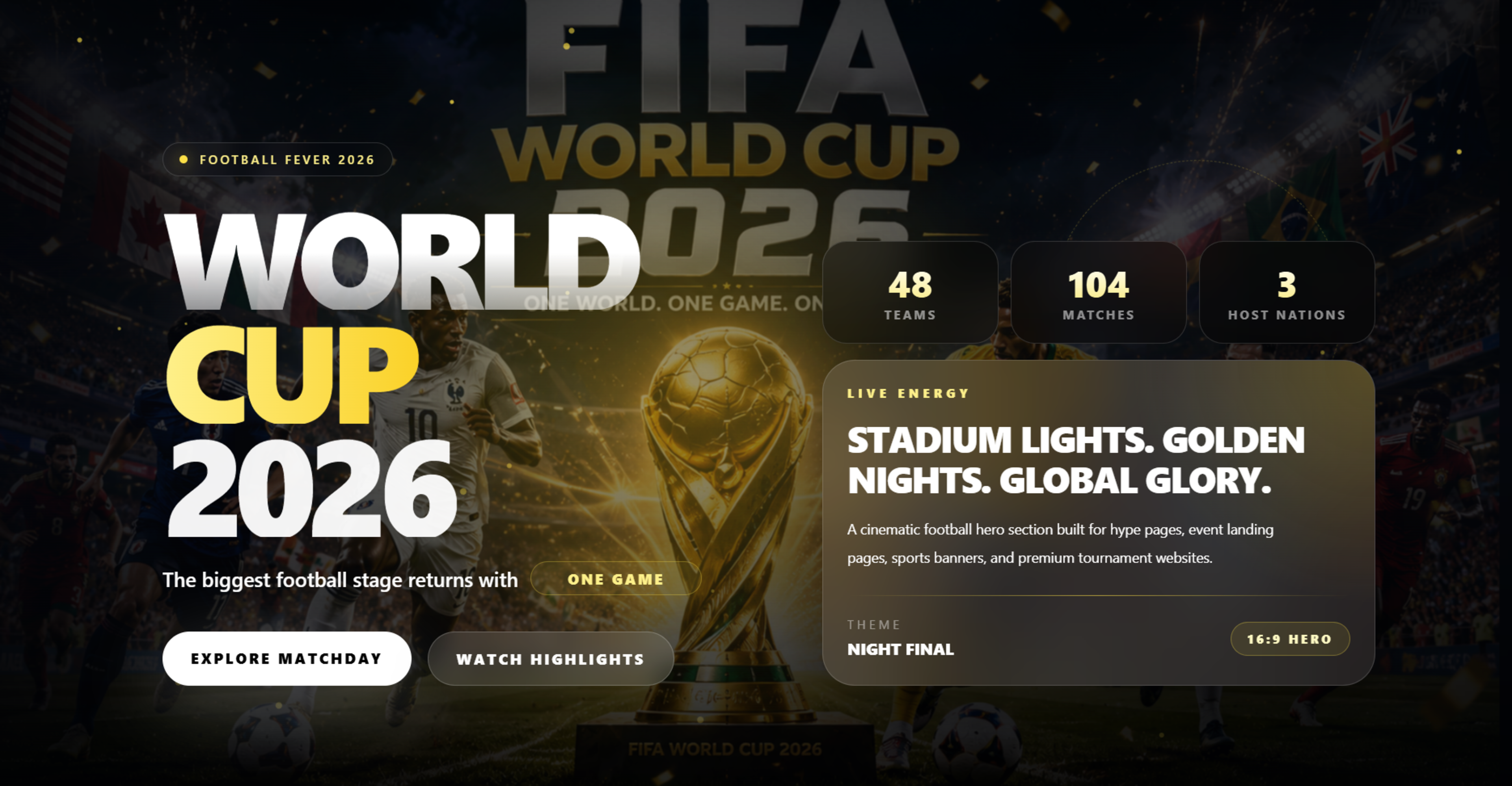 Premium Hero World Cup 2026 Hero React component built with Tailwind CSS