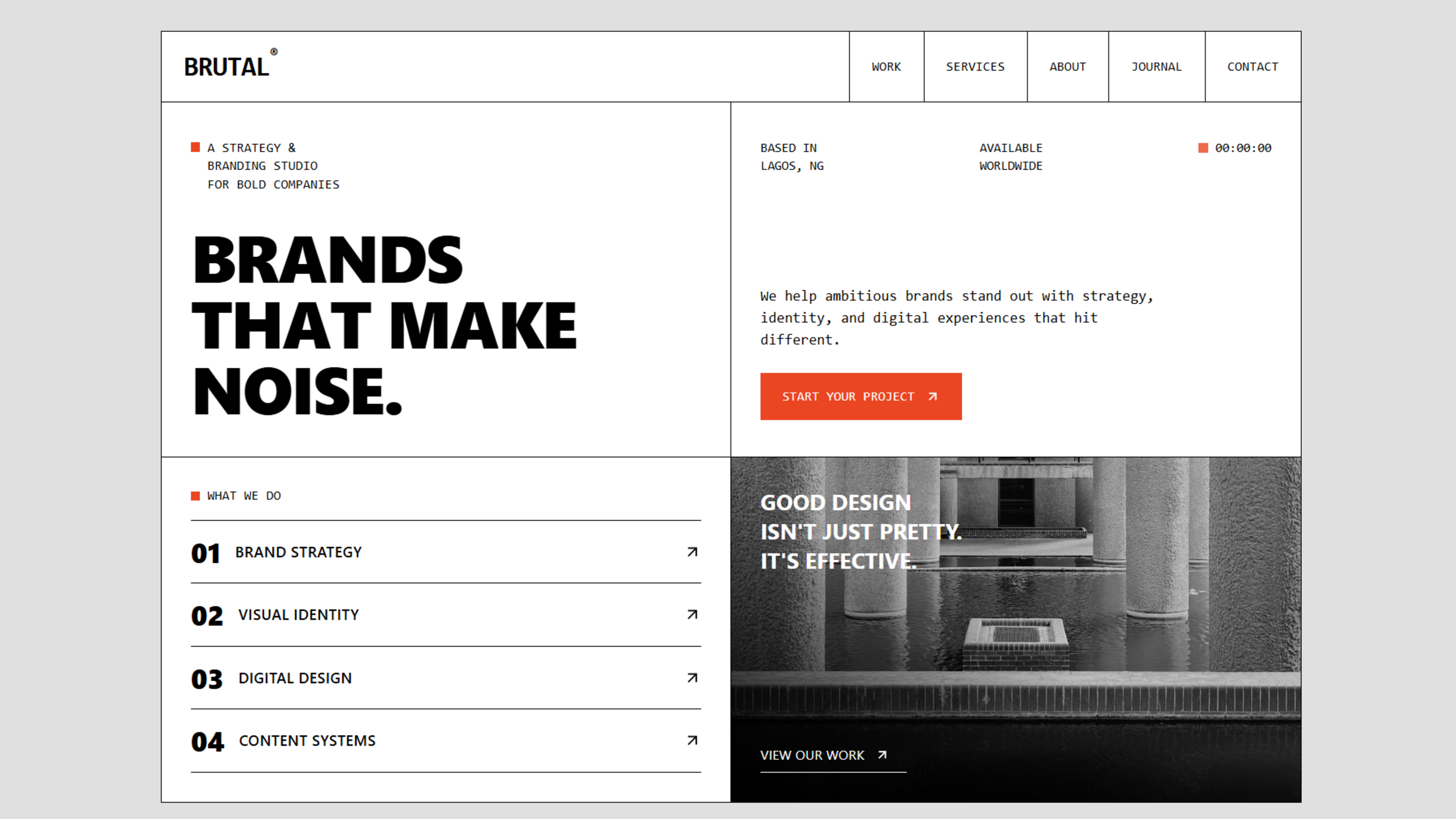 Free Showcase Brands That Make Noise: A Brutalist Landing Page for Strategy & Branding Studios React component built with Tailwind CSS