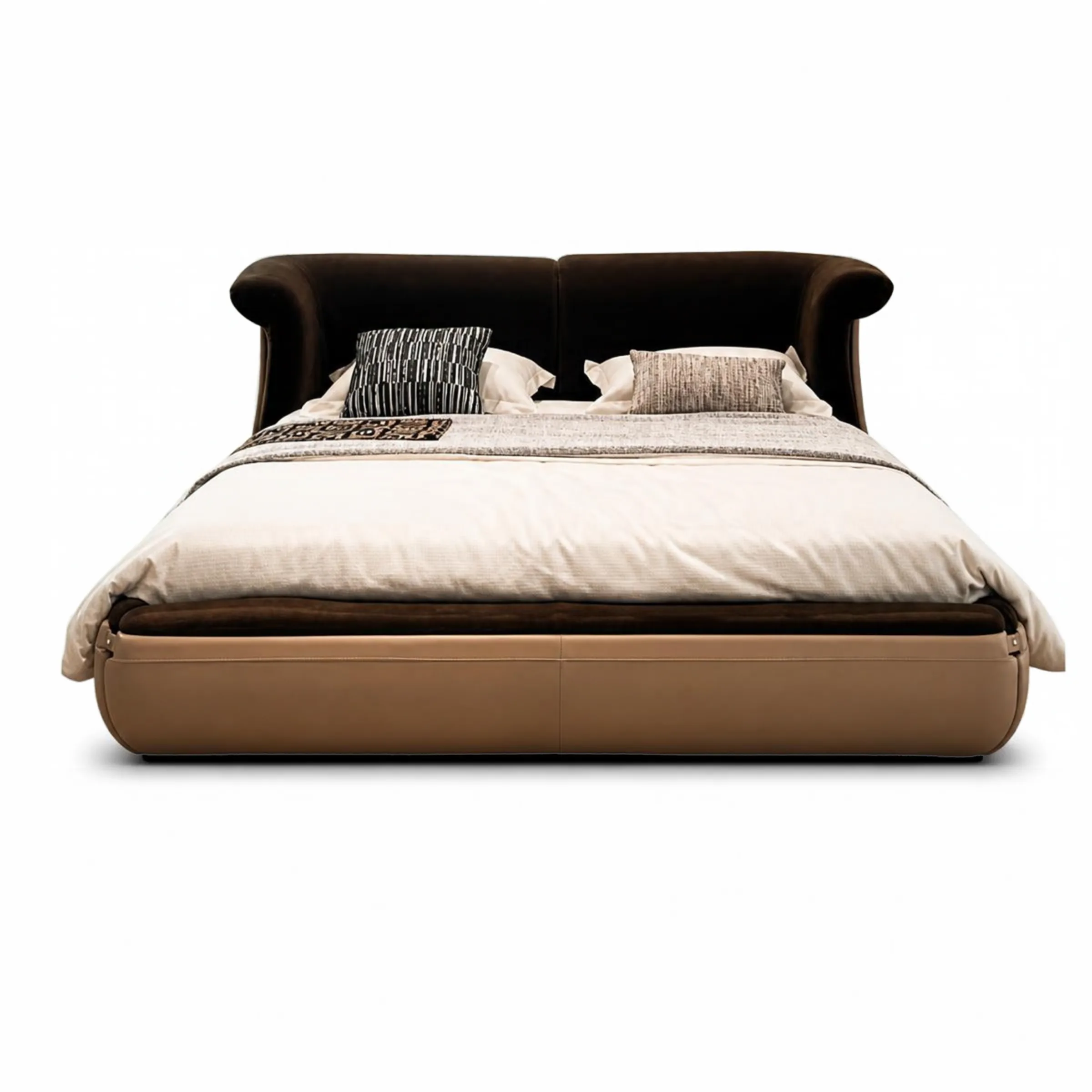 Curved Espresso Velvet and Tan Leather Upholstered Bed Frame