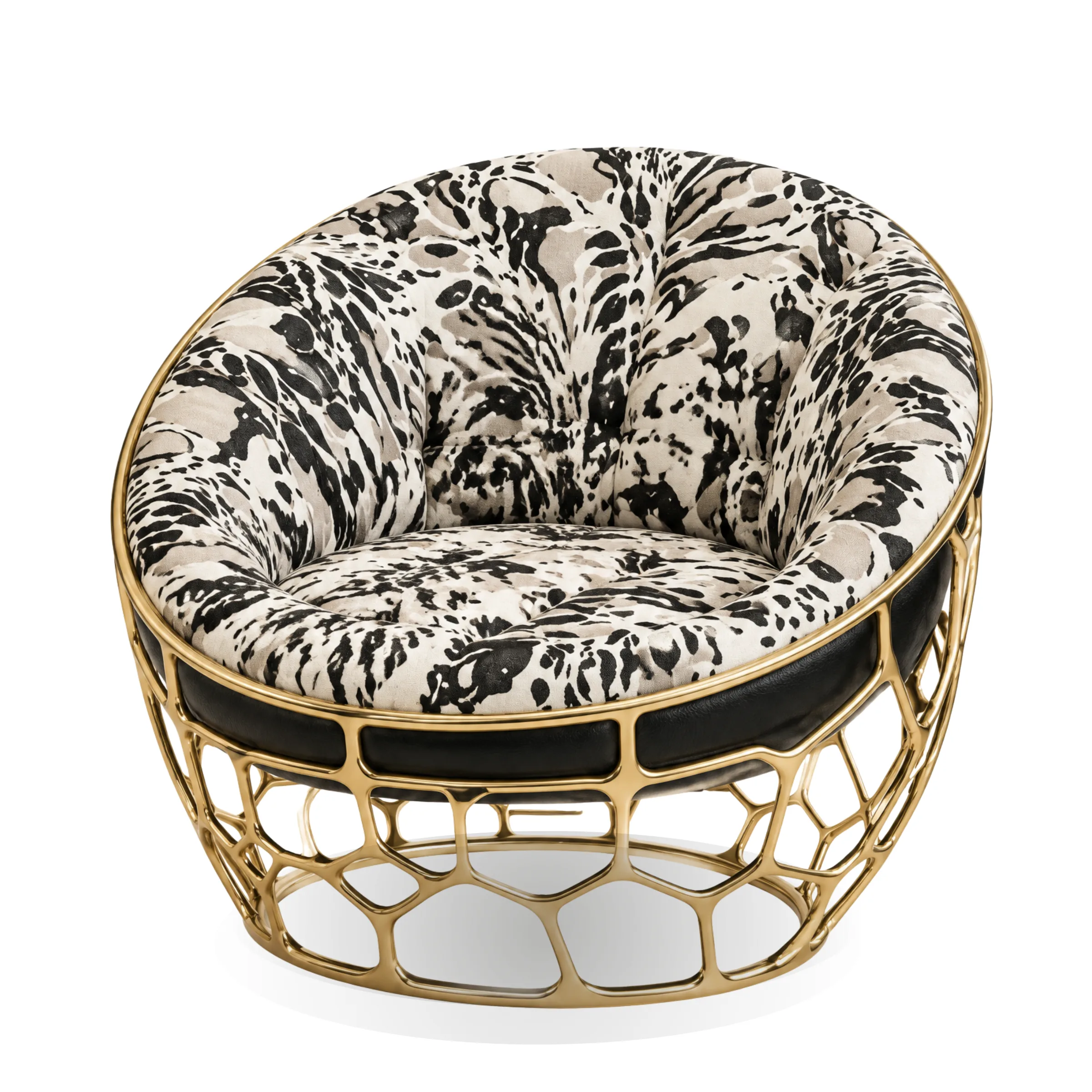 Abstract Animal Print and Gold Cage Swivel Armchair