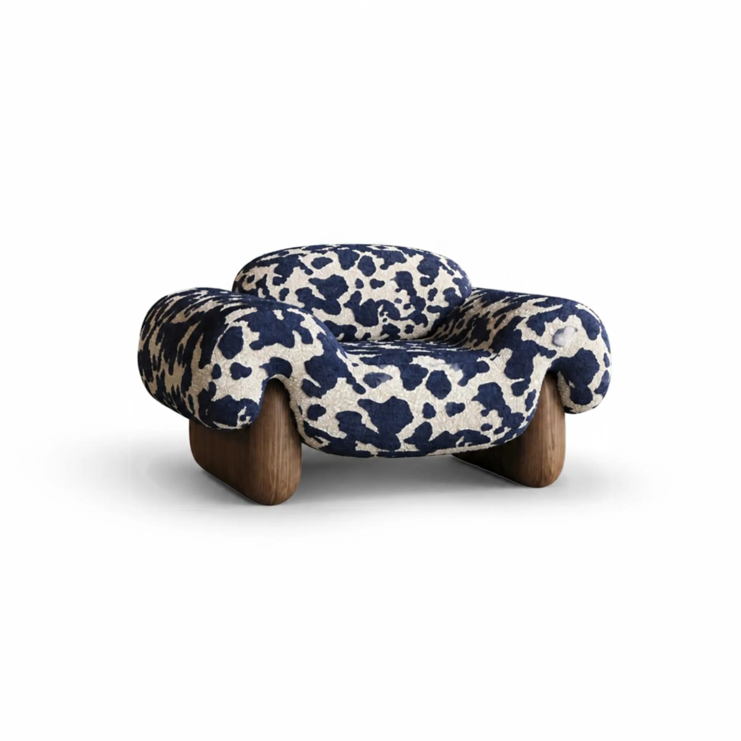 Blue and White Cowhide Print Lounge Chair with Wooden Feet