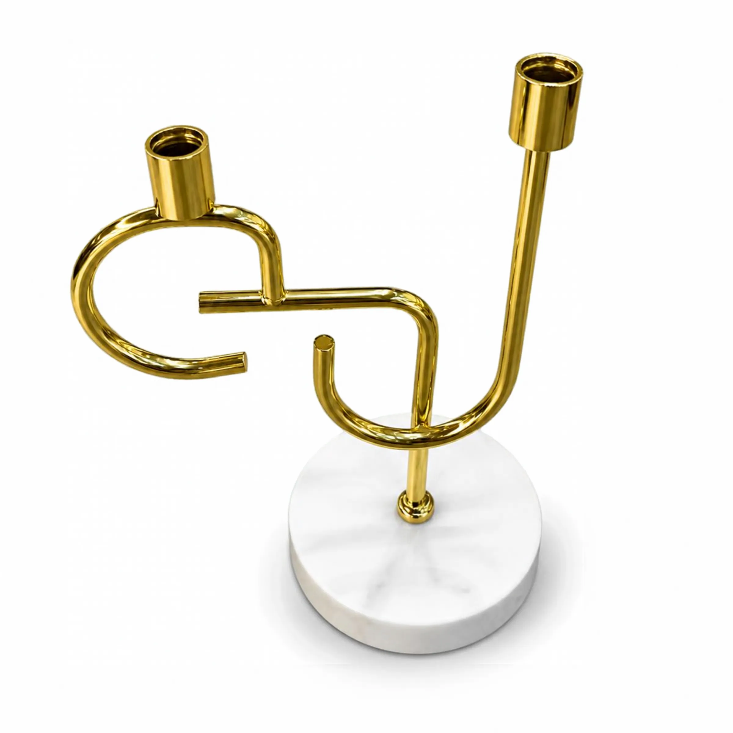 Abstract Polished Gold and White Marble Dual Candle Holder