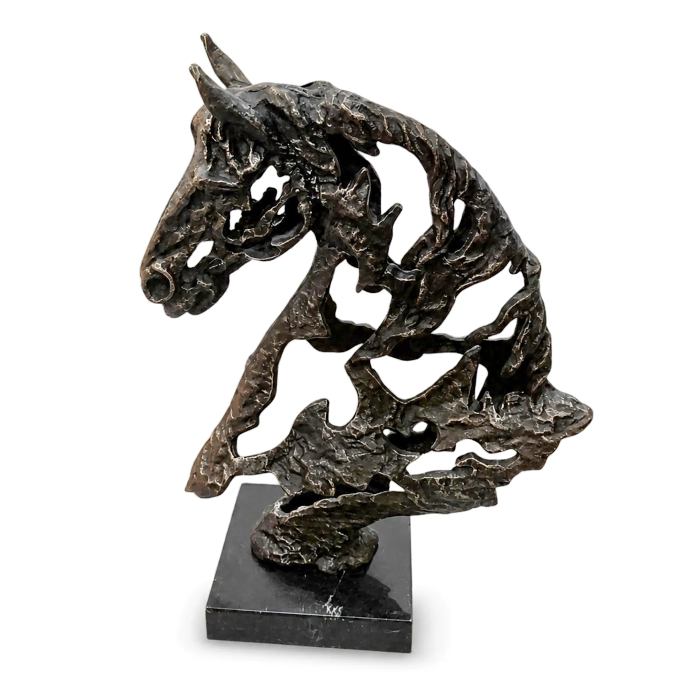 Abstract Bronze Finish Horse Head Sculpture and Marble Base