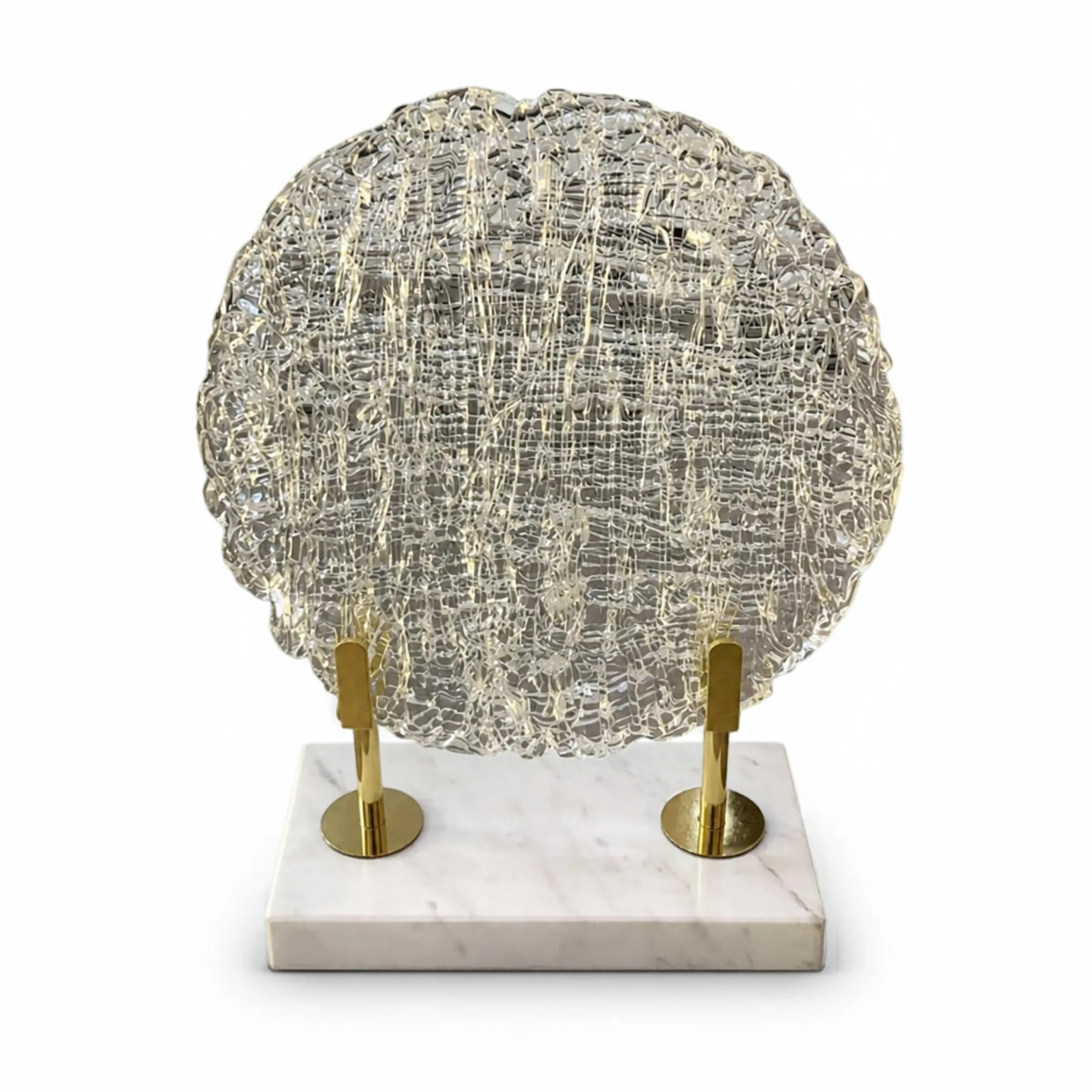 Textured Glass Disc Sculpture and Marble Base