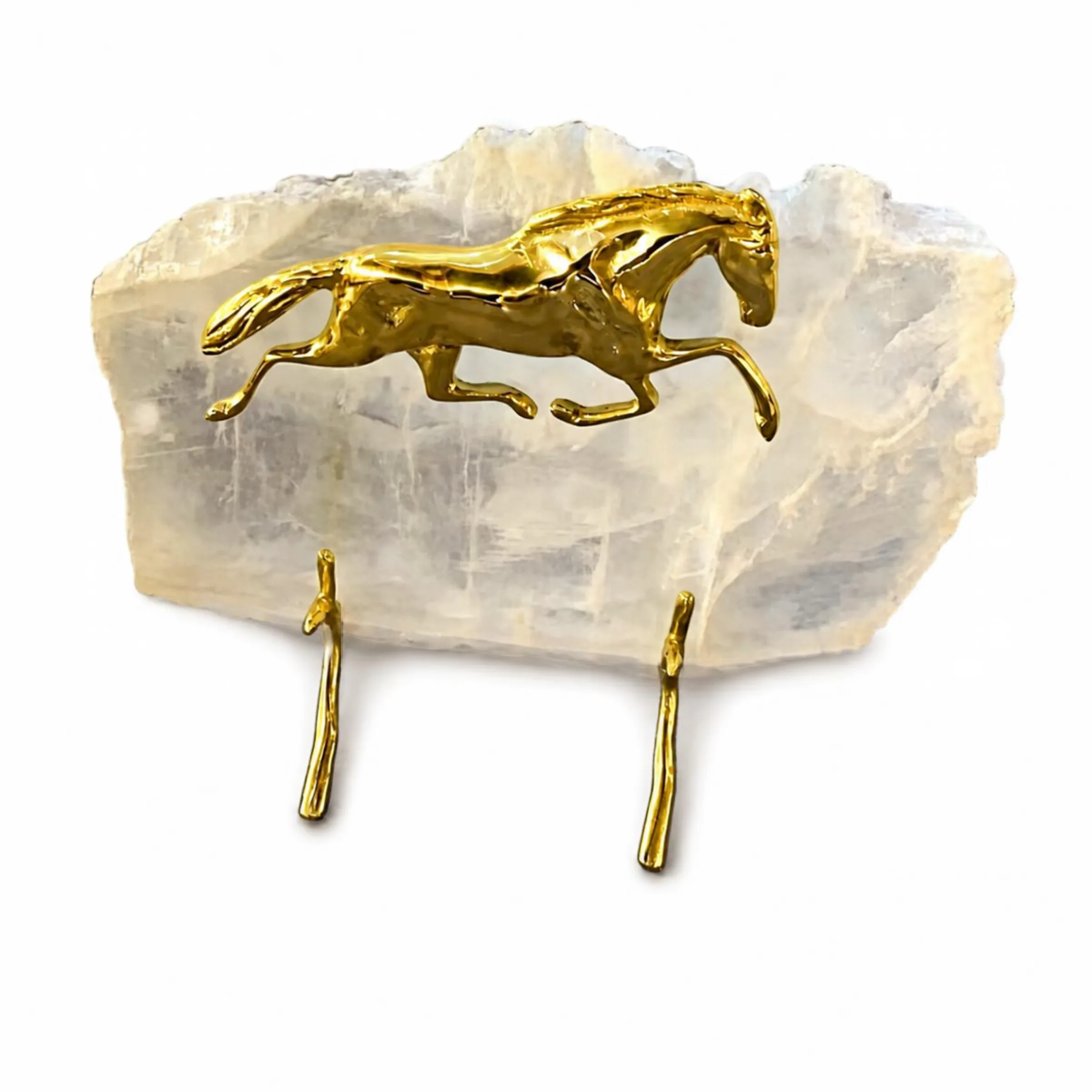 Polished Gold Galloping Horse and Raw Crystal Sculpture
