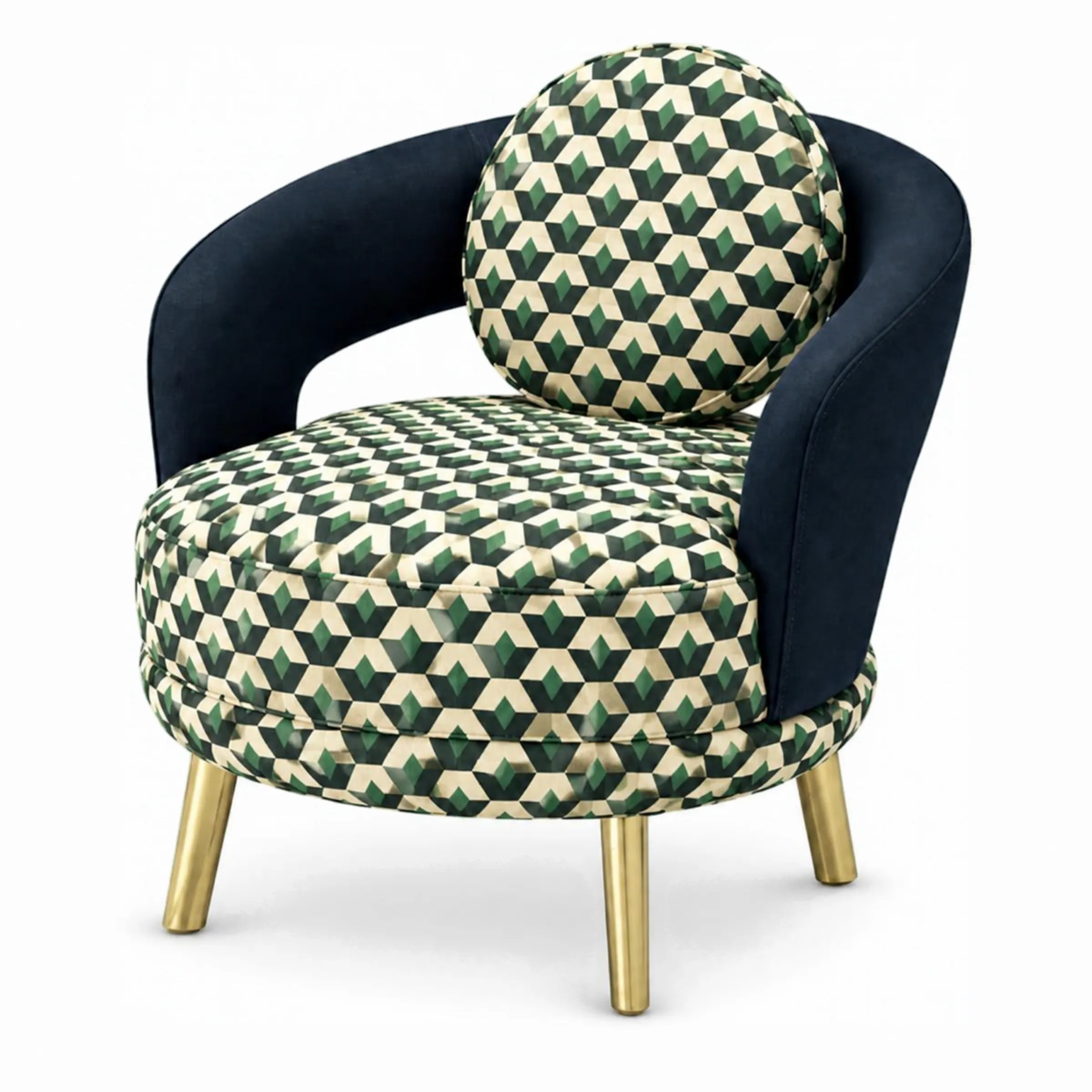 Geometric Pattern and Navy Velvet Accent Armchair