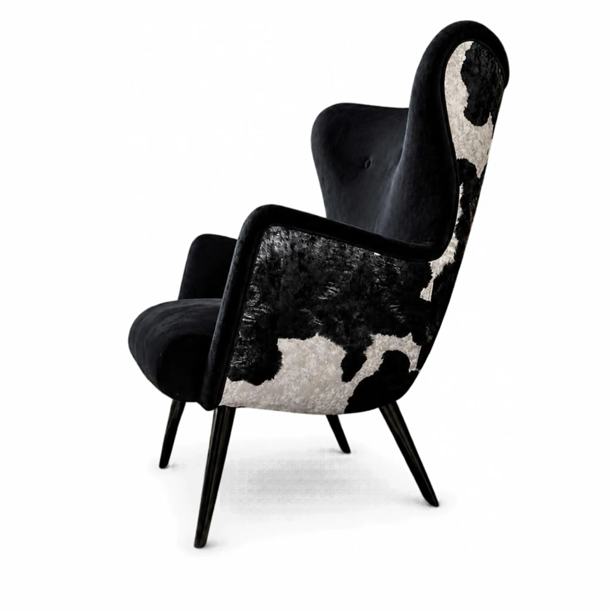 Black Velvet and Cowhide Wingback Accent Armchair