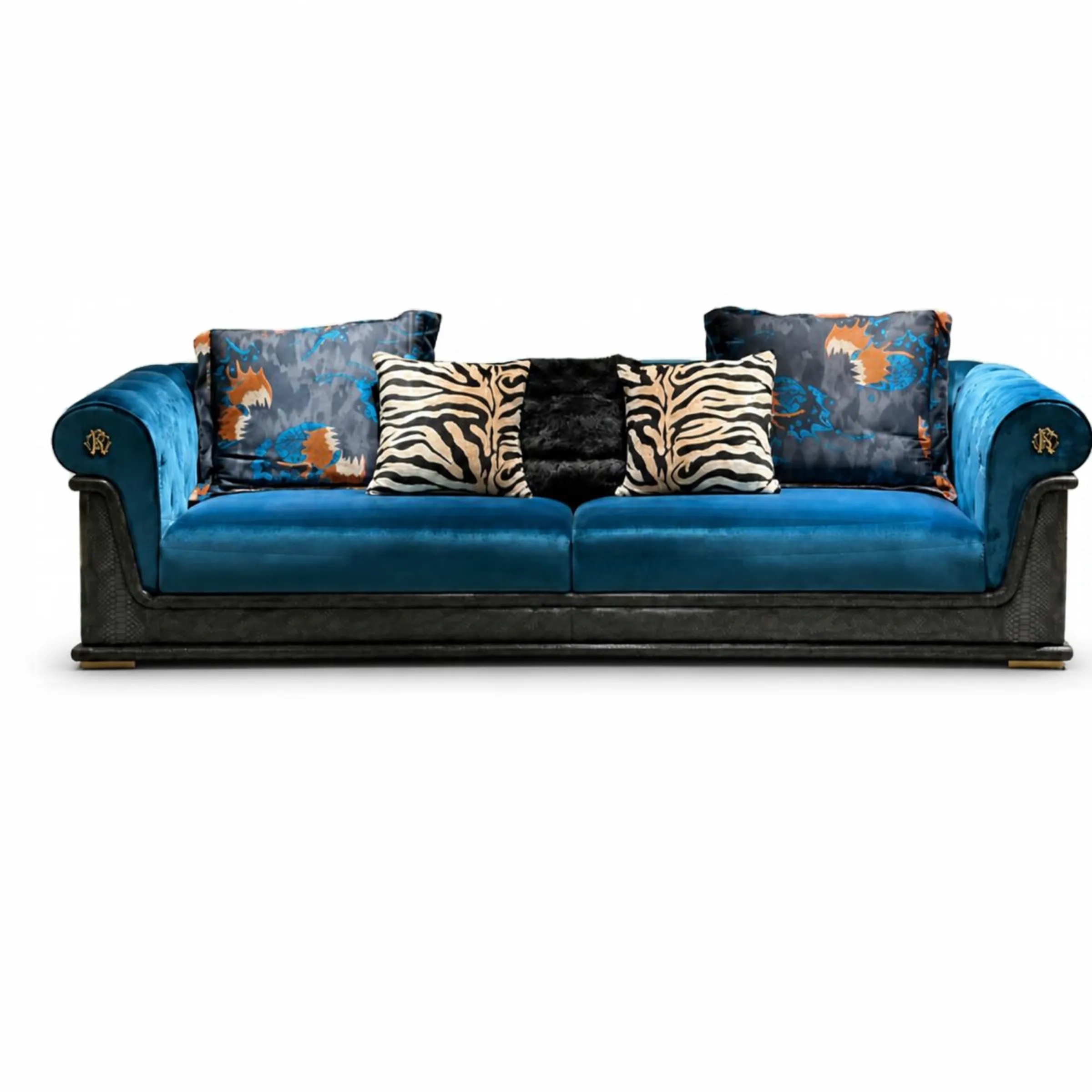 Royal Blue Velvet and Animal Print Luxury Sofa