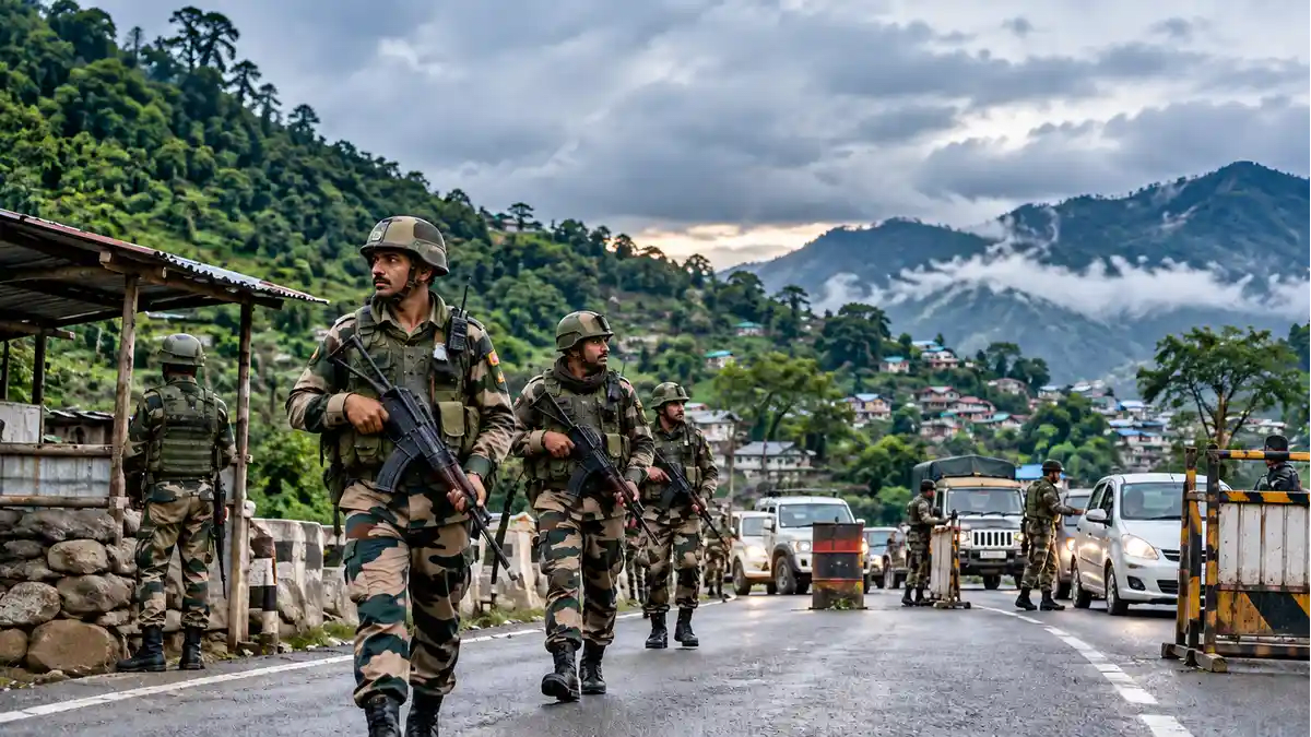 Indian security personnel conducting an area patrol along a border security perimeter in Northeast India