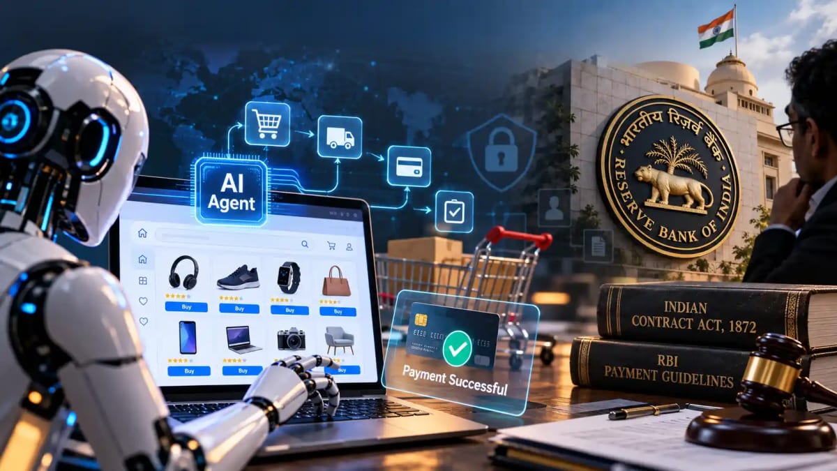Conceptual digital illustration of an autonomous AI agent processing online checkout transactions and API payments on a secured digital interface