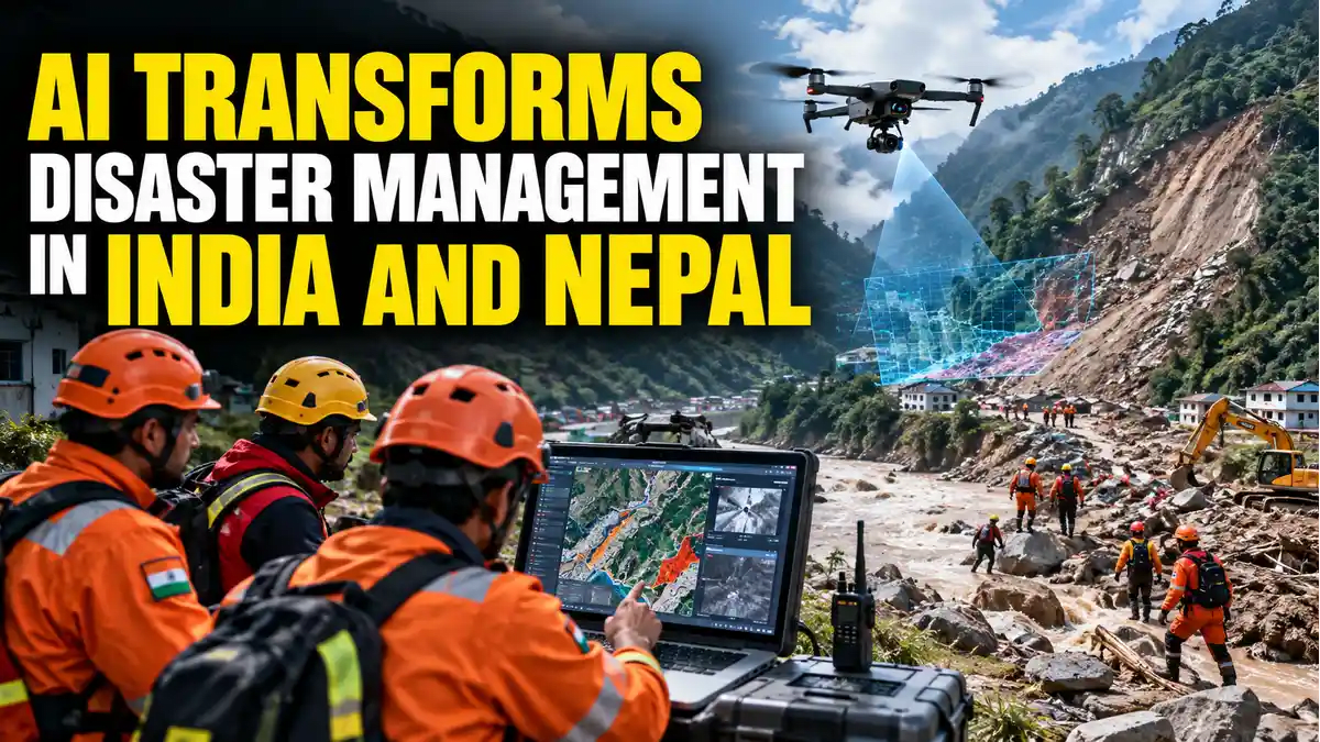 Emergency response monitoring room displaying satellite hazard mapping and AI-assisted disaster risk analytics