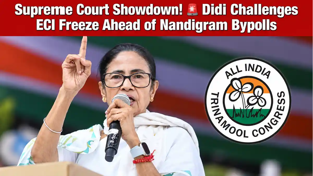 Trinamool Symbol War Reaches Supreme Court: Mamata Banerjee Challenges Election Commission’s Interim Freeze on Party Name and ‘Jora Ghash Phul’ Ahead of Bengal Bypolls