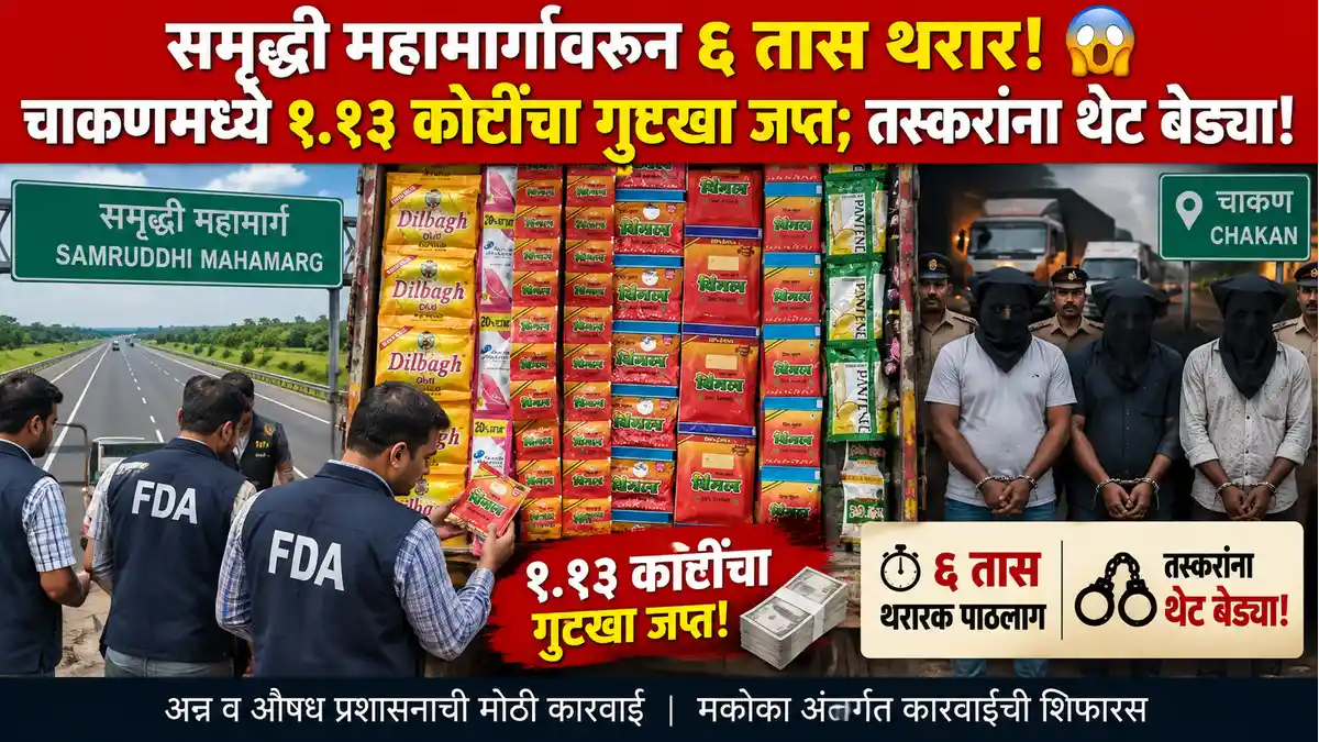 चाकणमध्ये १ कोटी १३ लाखांचा प्रतिबंधित गुटखा जप्त; समृद्धी महामार्गावरून ६ तास थरारक पाठलाग, तस्करांवर 'मकोका' लावण्याची FDA ची शिफारस