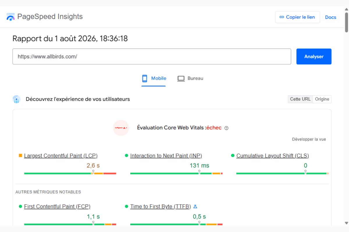 Capture d'écran réelle de Google PageSpeed Insights affichant les Core Web Vitals LCP, INP et CLS mesurés sur une boutique Shopify Hydrogen réelle