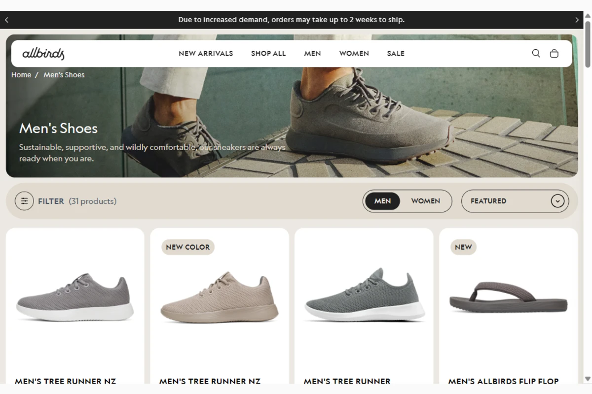 Page catalogue réelle de la boutique en ligne Allbirds, marque utilisant Shopify Hydrogen à grande échelle, avec grille de produits et filtres