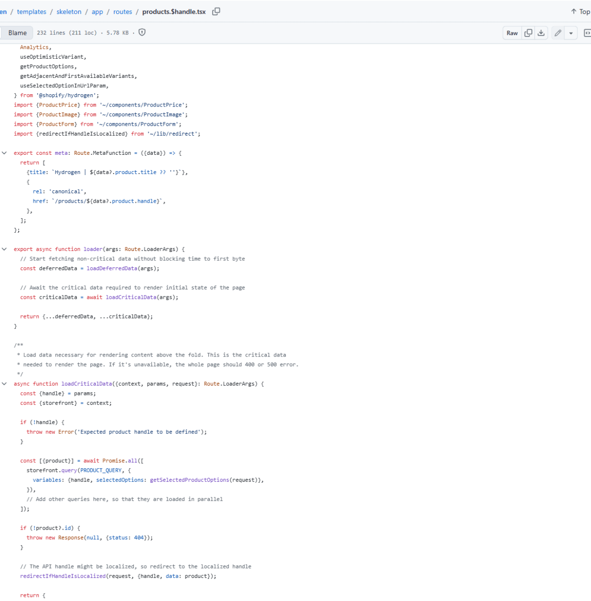 Capture d'écran réelle du dépôt GitHub officiel Shopify Hydrogen : code TypeScript et React montrant l'import de la Storefront API et la fonction loader d'une page produit