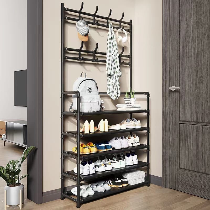 Multifunctional 5 Tier Shoe Rack Organizer + Simple Floor Coat Hat Rack with 8 hooks