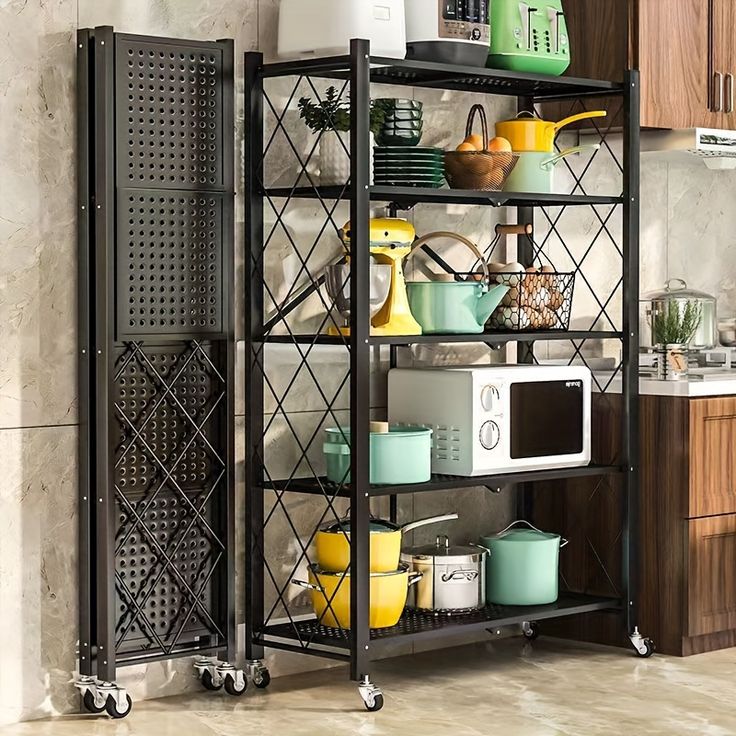 Multifunctional 5-Tier Folding Kitchen Storage Rack with Wheels