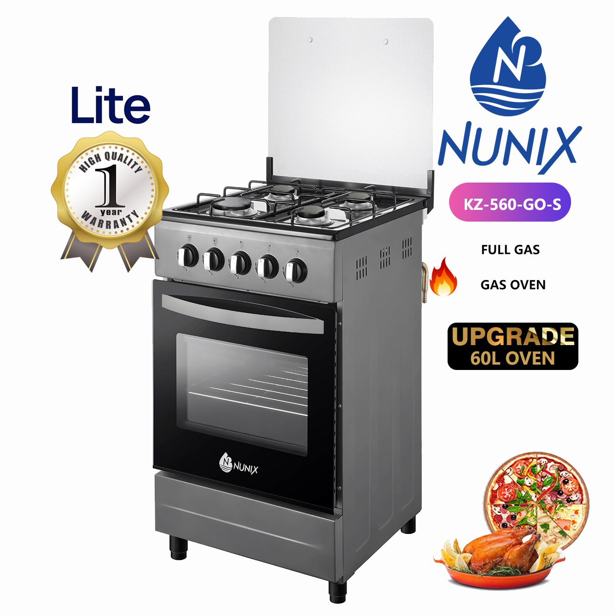 Nunix KZ-560-GO-S Lite 4-Burner Free-Standing All-Gas Cooker with 60L Oven