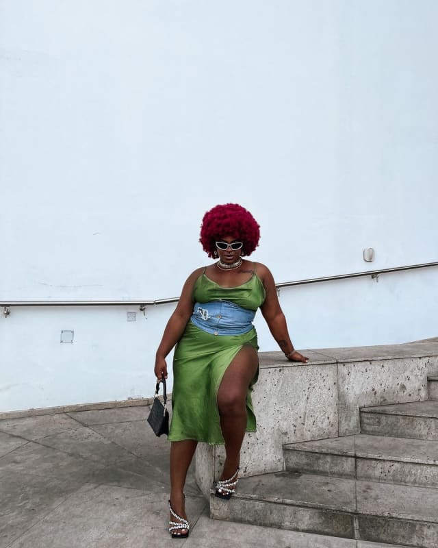 maximalism - green dress with jean corset