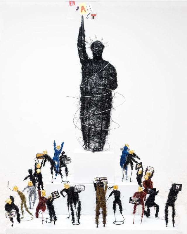 Nigerian Artist Ayanfe Olarinde wire sculpture for Say my name Art exhibition London.