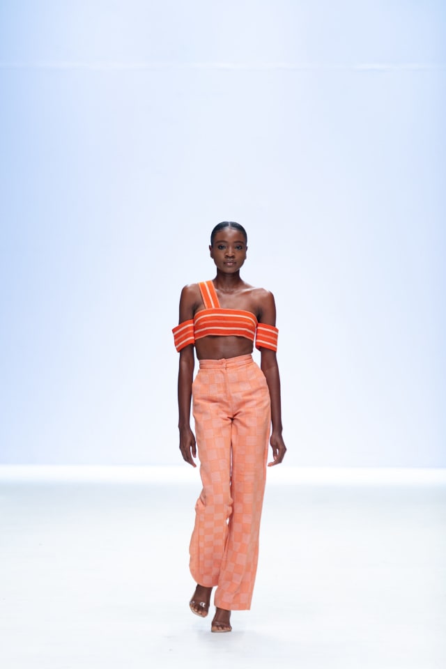 Look one from LFW's green access 2022 finalist - Aorah Studio