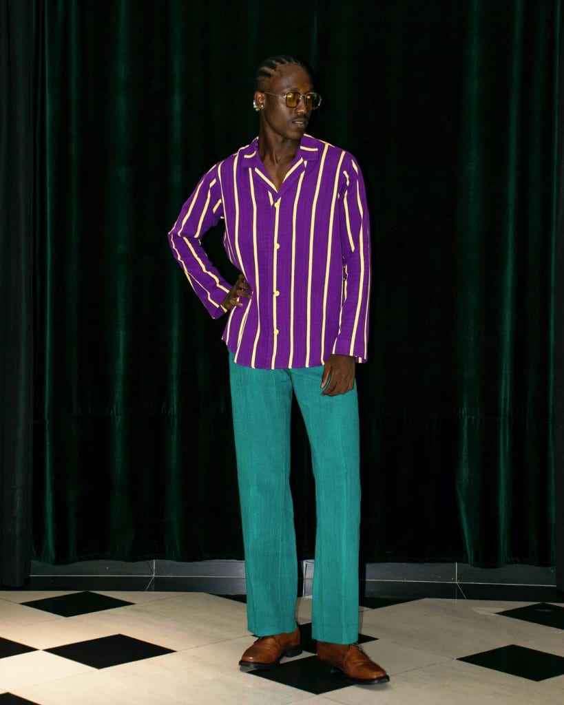 Loungewear in Africa - Kente Gentlemen. A look featuring a purple and yellow striped shirt with green pants