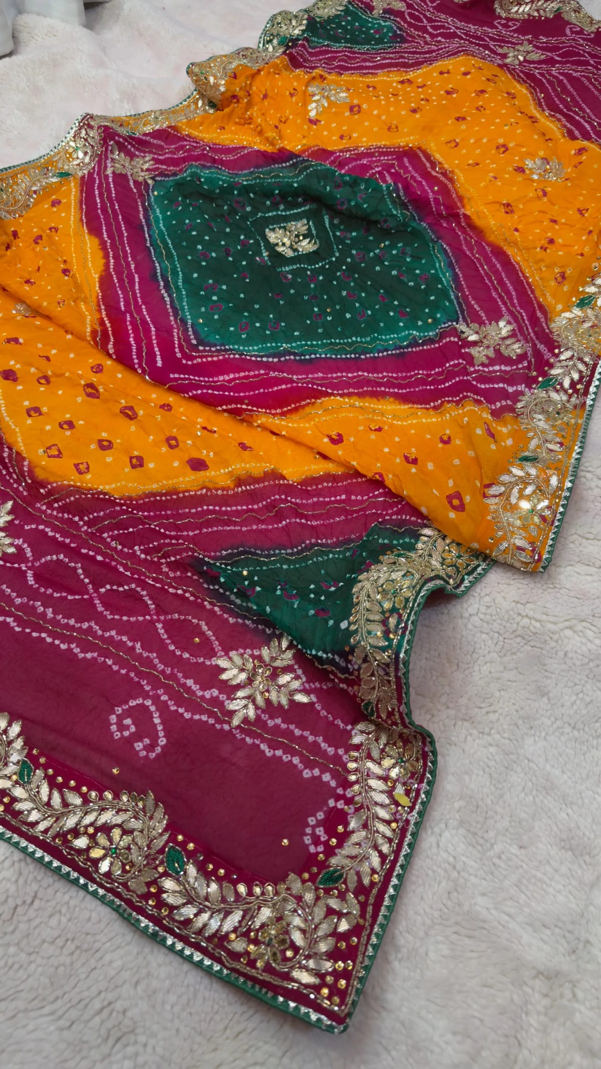 Multicolour Pure Ojariya Fabric Bandhej Dupatta with Handcrafted Kardana Embellishment