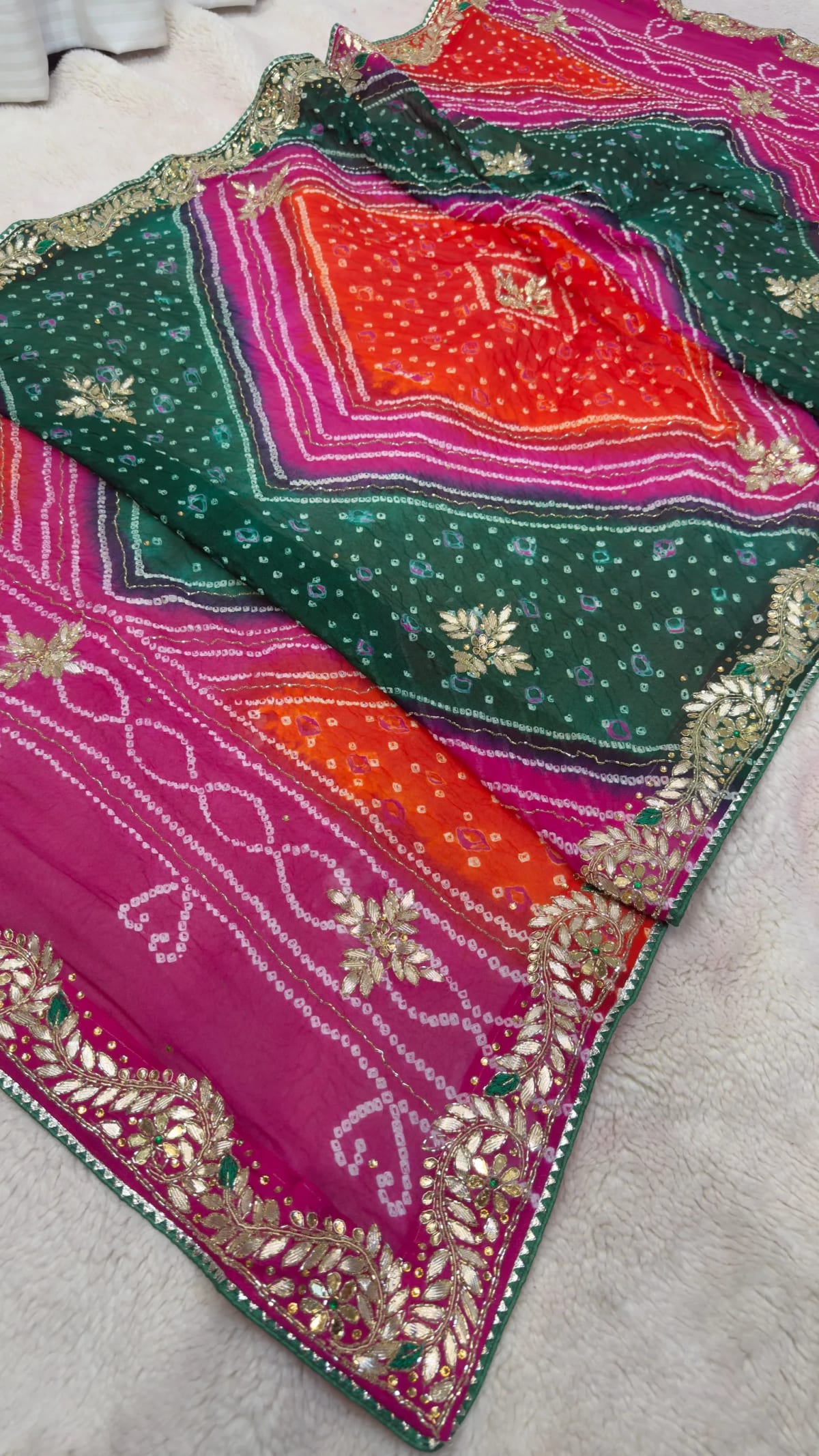 Colourful Pure Ojariya Fabric Bandhej Dupatta with Hand-Embellished Kardana Work
