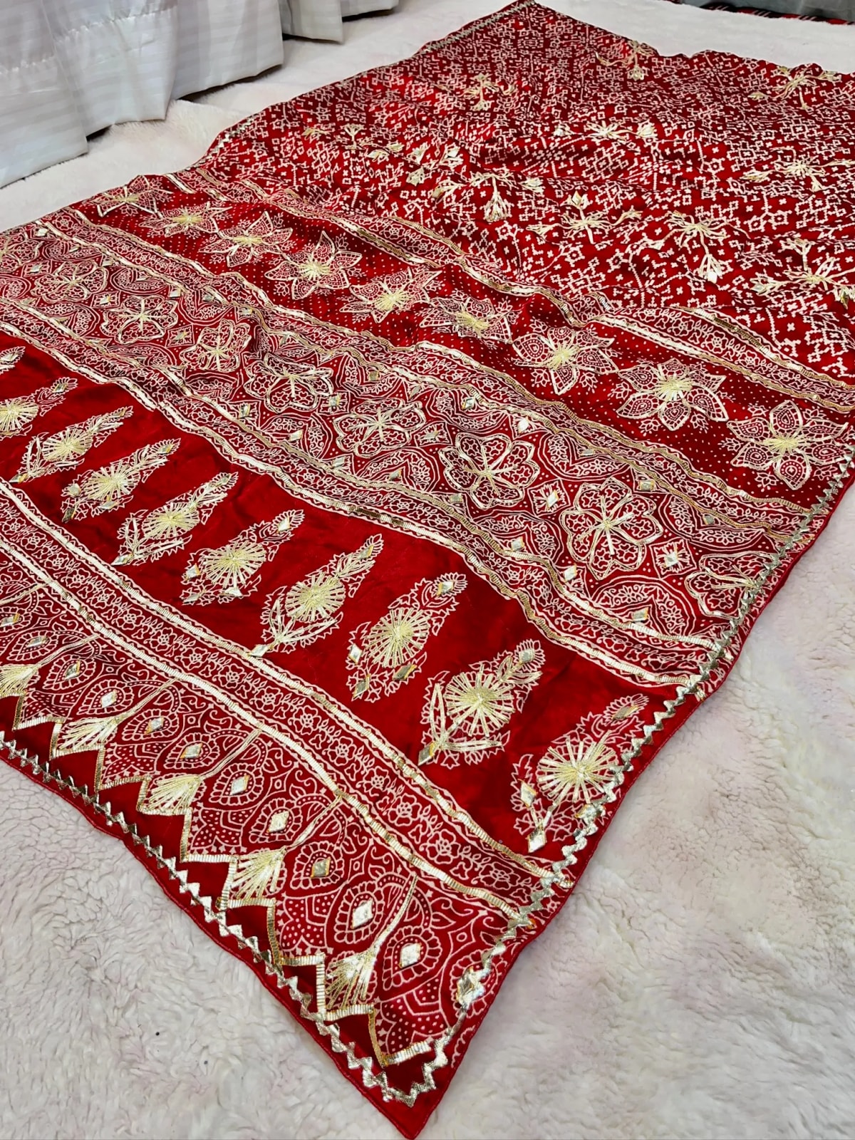 Handmade Kach Print Bandhej Saree in Pure Modal Silk Fabric with Kacha Gotta Detailing