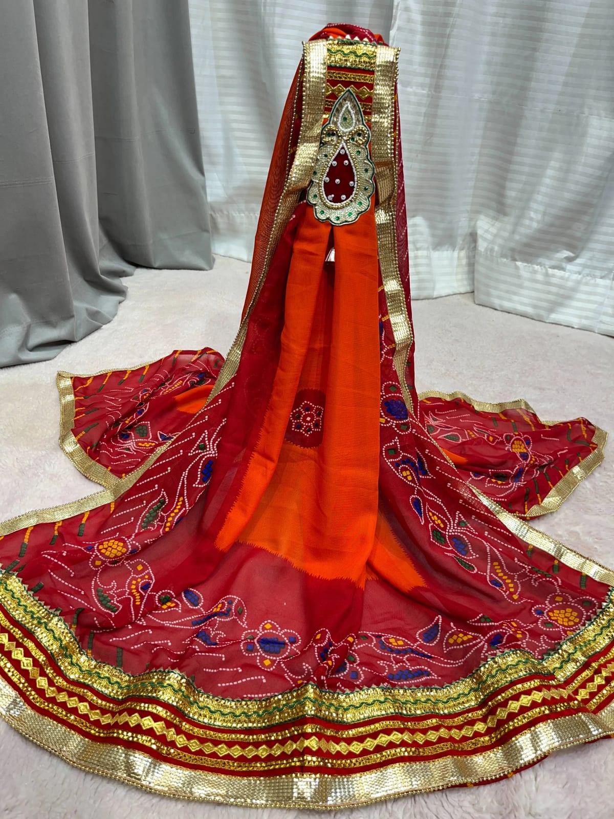 Orange Pilla Ready-Wear Georgette Fabric Dupatta with Designer Brooch Detail