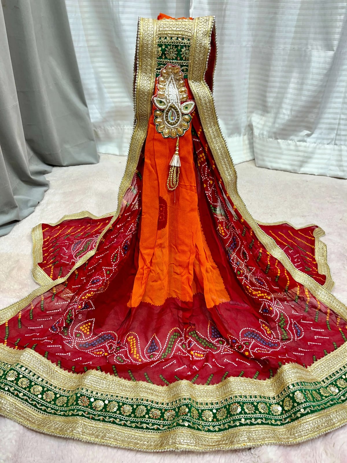 Orange Pilla Georgette Fabric Ready-Made Dupatta with Stylish Brooch Finish