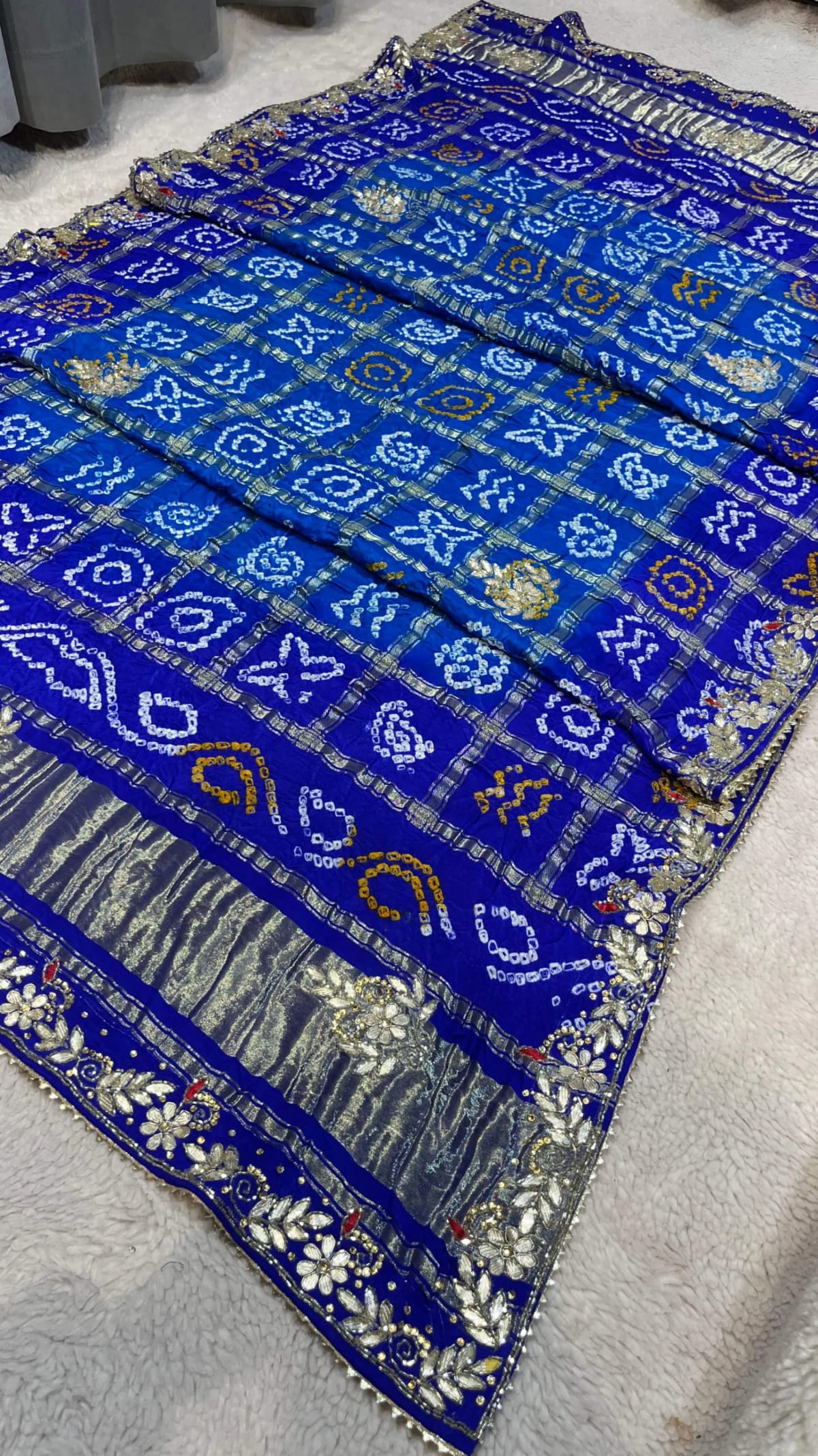 Handcrafted Pure Gazi Silk Fabric Bandhej Dupatta with Lakdi Patta & Kundan Moti Zardozi Work