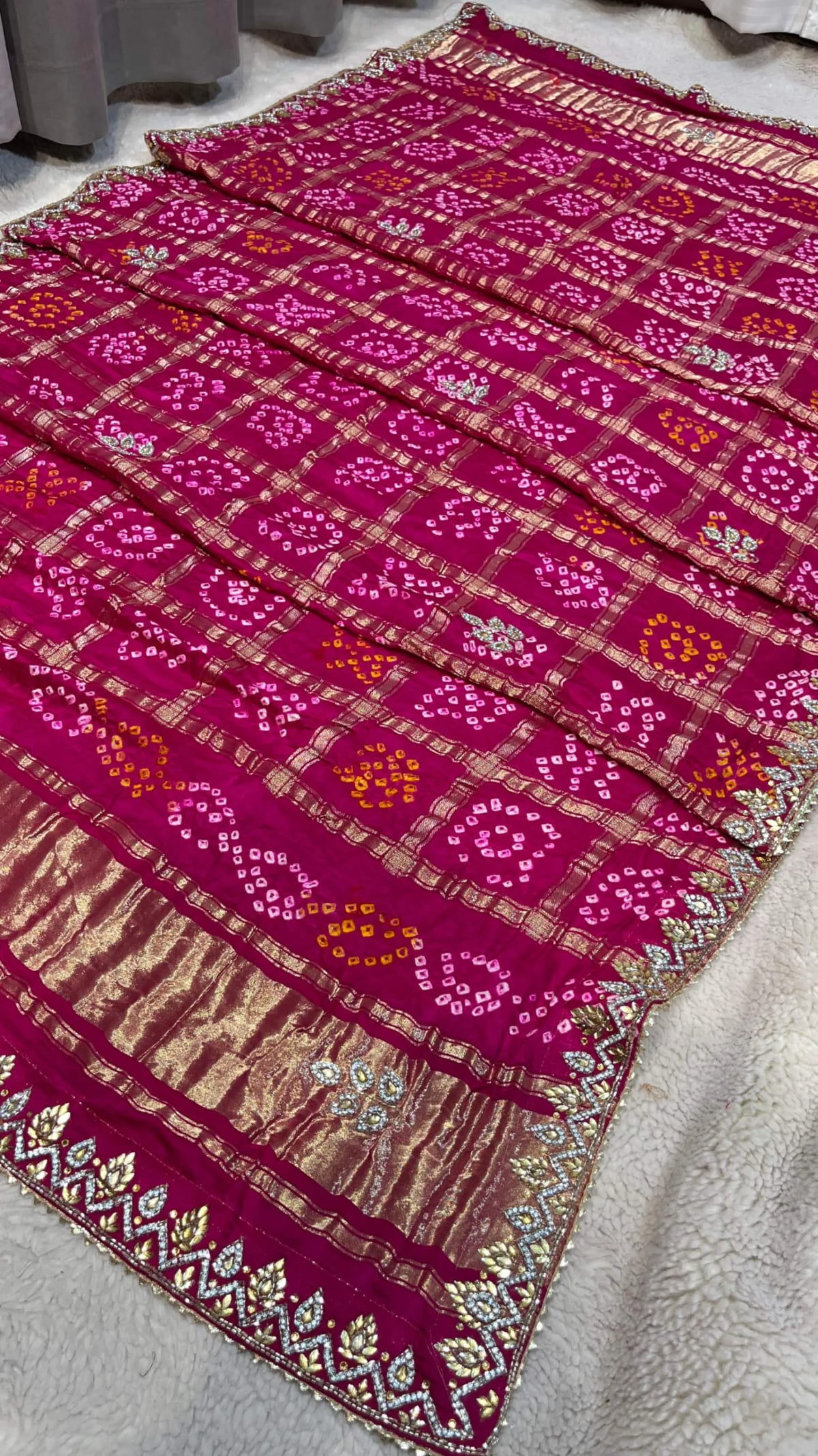 Pure Gazi Silk Fabric Lakdi Patta Bandhej Dupatta with Handcrafted Zardozi Kundan Moti Patti