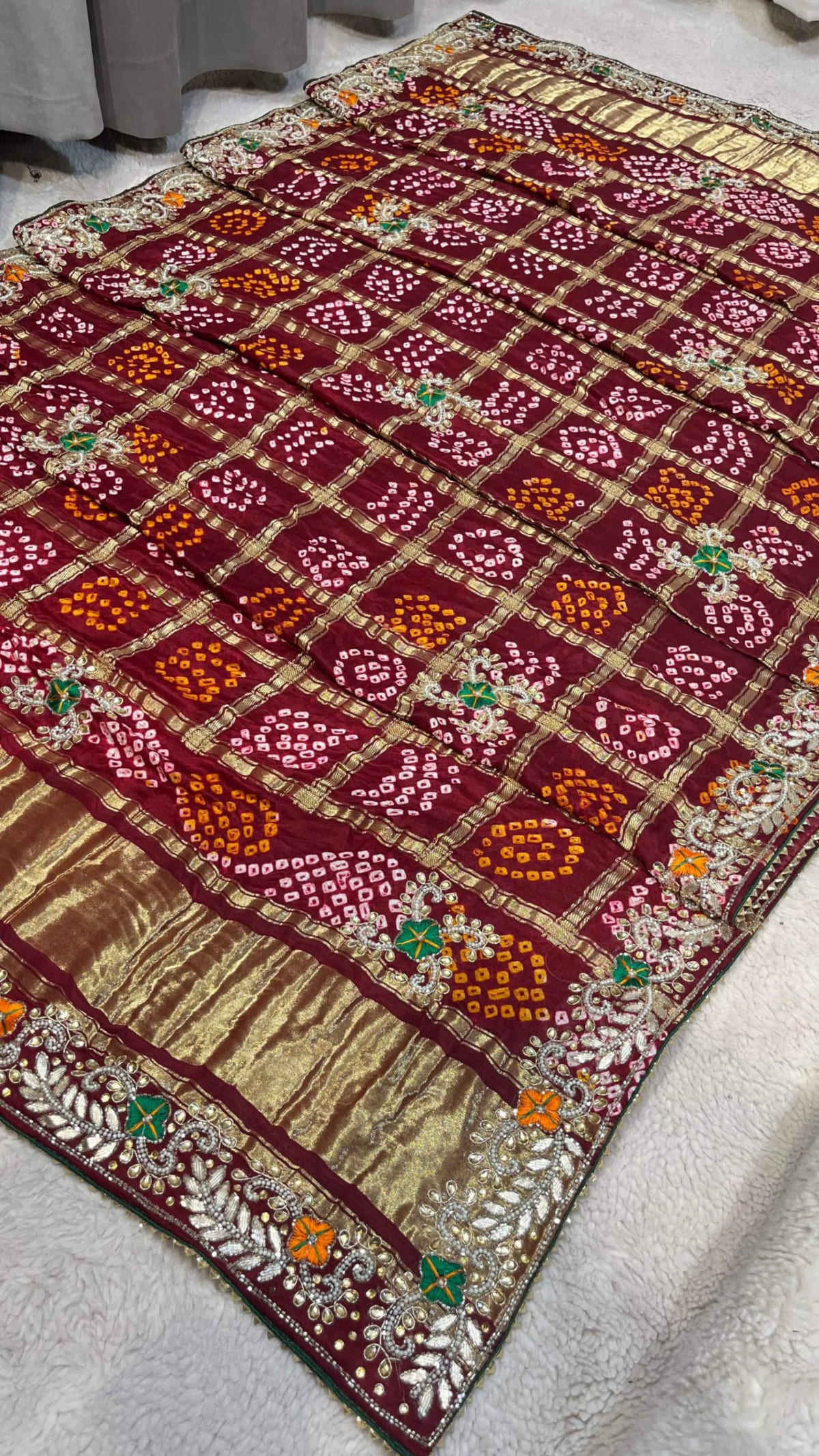 Royal Hand Bandhej Pure Gazi Silk Fabric Dupatta with Lakdi Patta Zardozi, Kundan & Moti Work