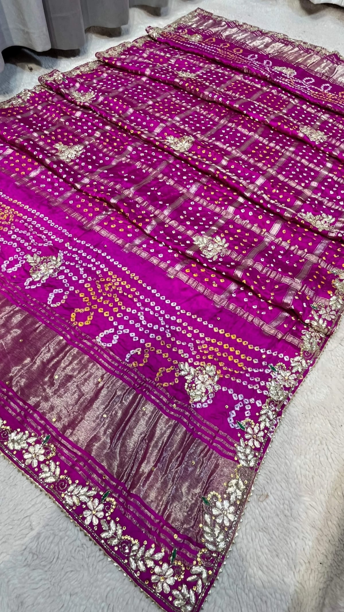 Modal Meena Zari Silk Fabric Bandhej Dupatta with Lakdi Patta Zardozi Kundan Moti Craft