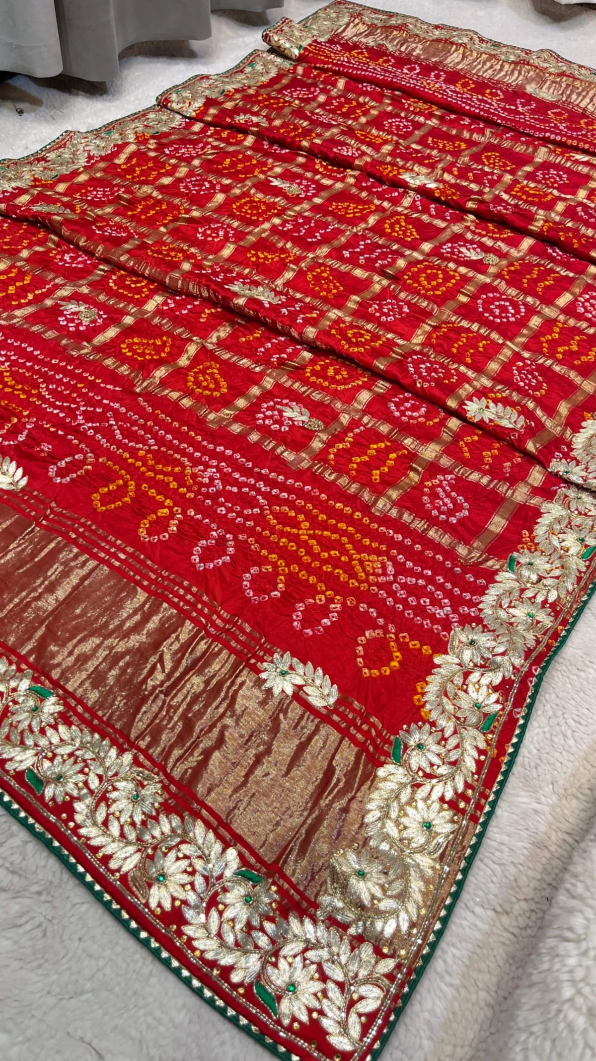 Artisan Modal Meena Zari Silk Fabric Bandhej Dupatta with Lakdi Patta Kashyap Patti Kundan Moti