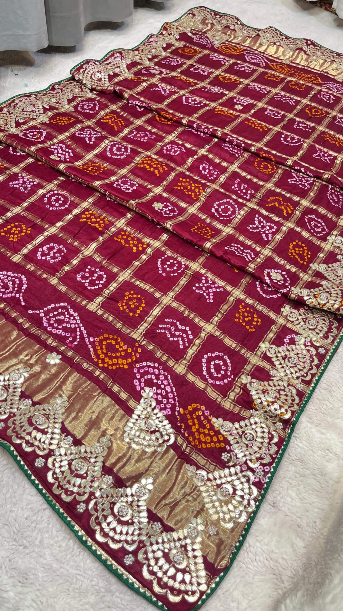 Premium Pure Gazi Silk Fabric Dupatta with Lakdi Patta, Hand Bandhej & Zardozi Kundan Moti Gotta Work