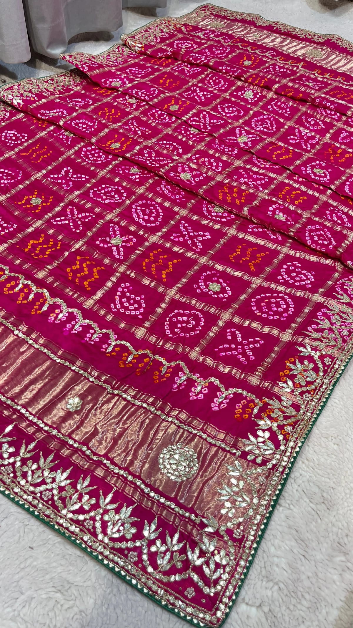 Pure Gazi Silk Fabric Hand Bandhej Dupatta with Lakdi Patta & Artisan Dori Gotta Patti Work