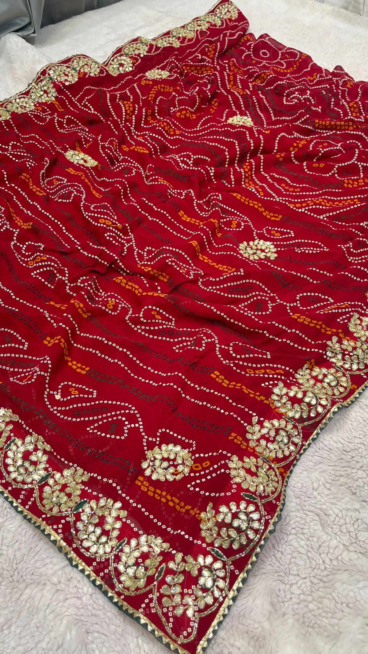 Handcrafted Chundri Bandhej Saree in Pure Viscose Georgette Fabric | Kundan Zardozi Elegance