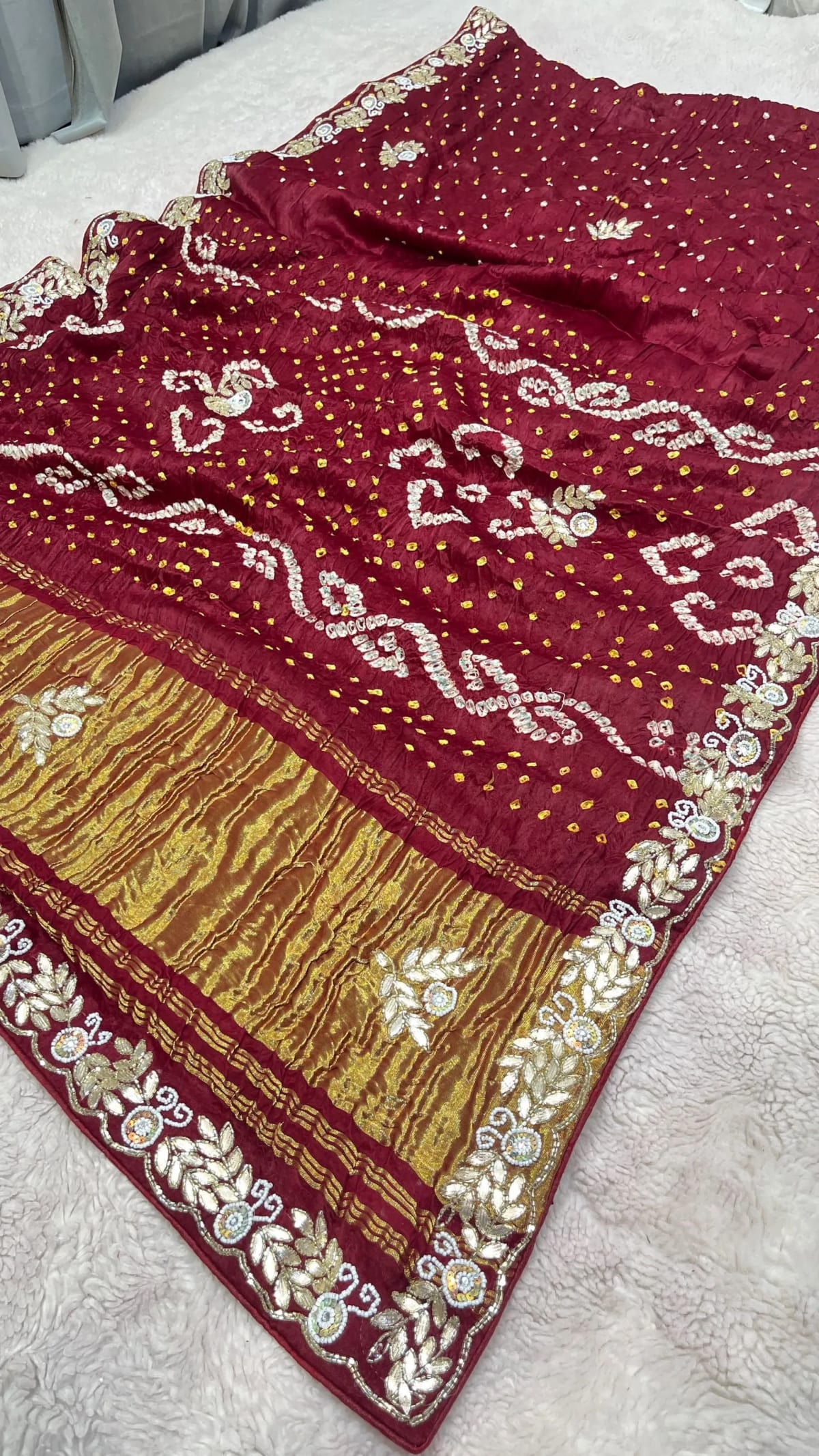 Royal Bandhej Lakdi Patta Saree in Pure Modal Silk | Handcrafted Kundan Moti Art