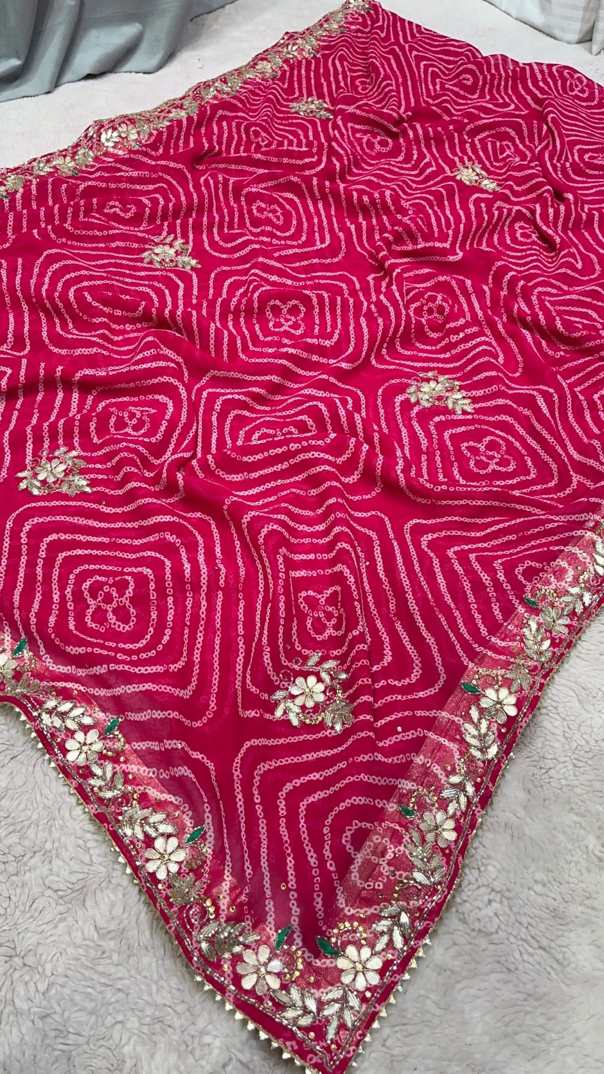Designer Bandhej Georgette Saree with All-Over Aari Dabka & Kundan Work